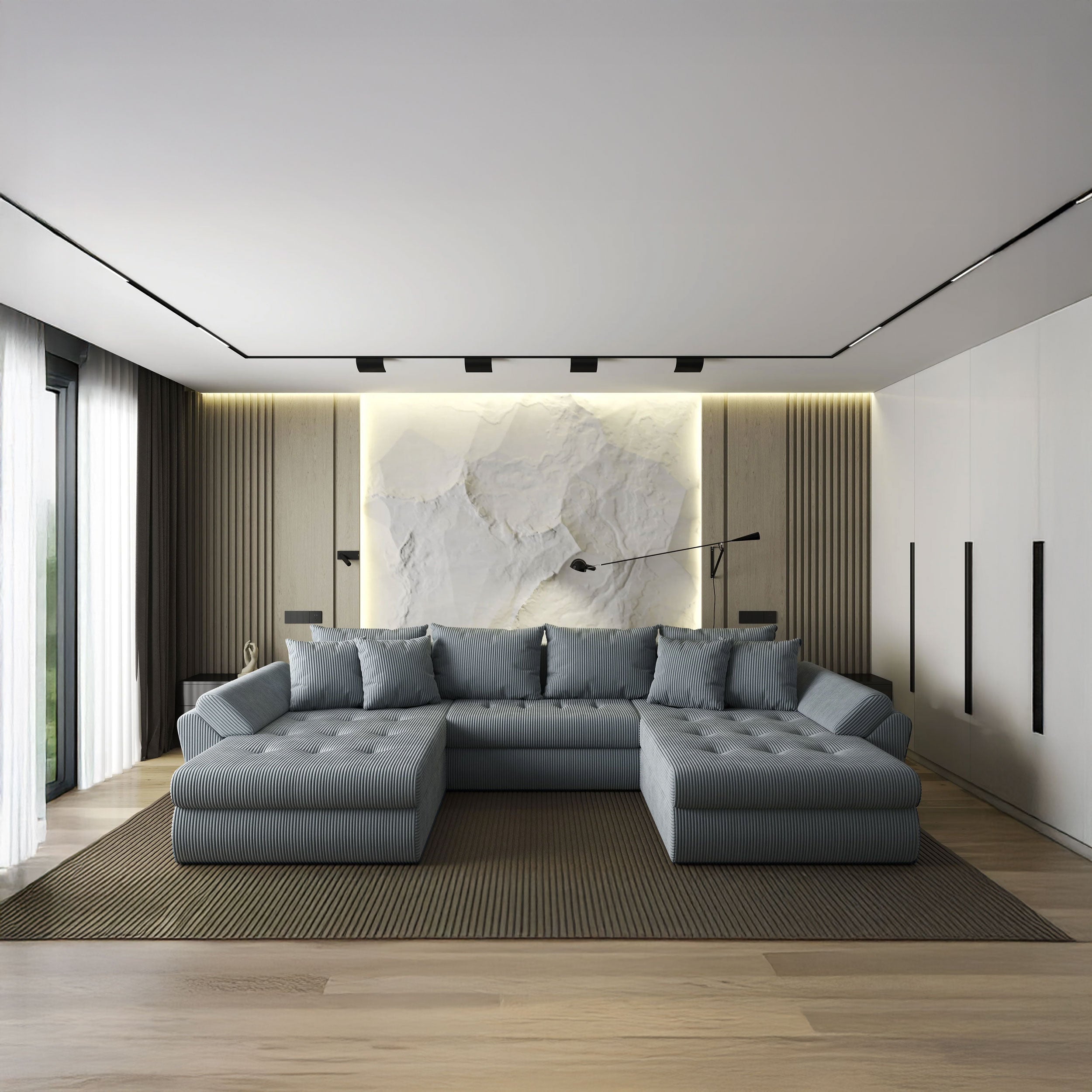 Colțar extensibil dumonde cu ladă de depozitare si sezut confortabil din spuma HR, Loana U Zoom Grey 355x185 cm Fabrica