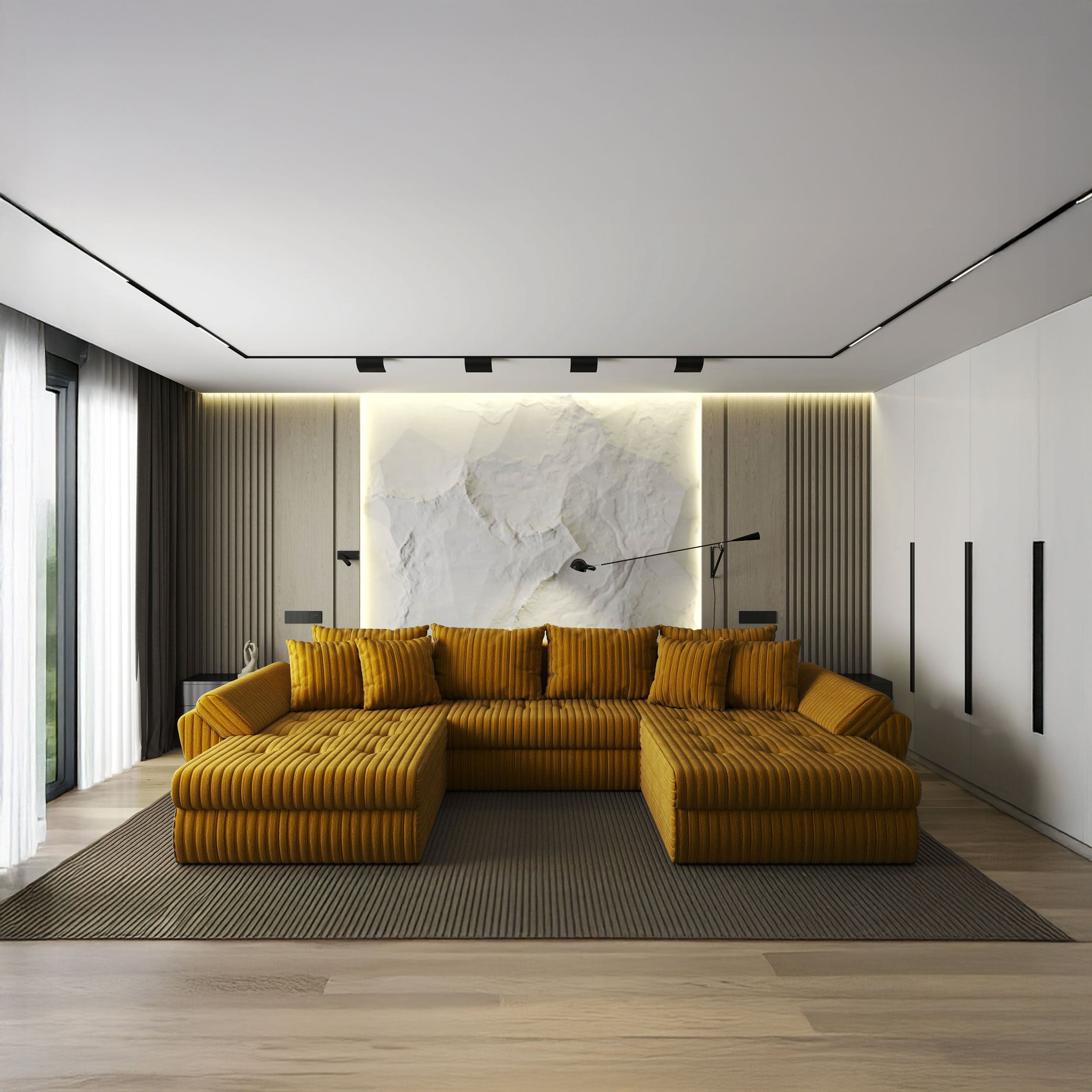 Colțar extensibil dumonde cu ladă de depozitare si sezut confortabil din spuma HR, Loana U Ambience Mustar 355x185 cm Fabrica