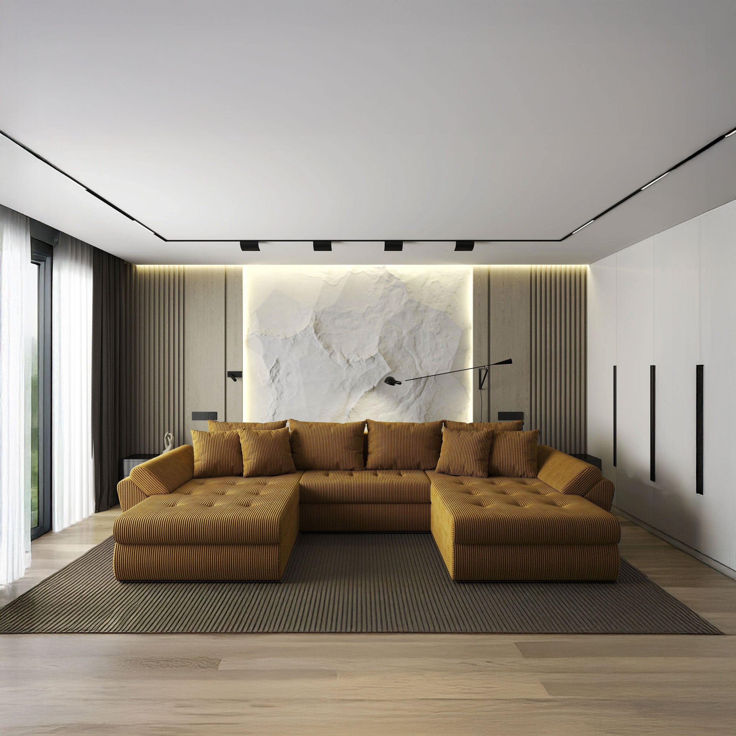 Colțar extensibil dumonde cu ladă de depozitare si sezut confortabil din spuma HR, Loana U Zoom Mustar 355x185 cm Fabrica