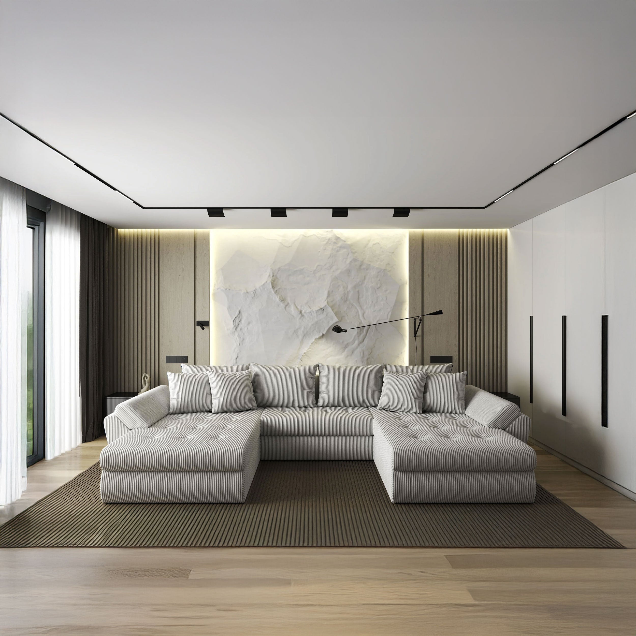 Colțar extensibil dumonde cu ladă de depozitare si sezut confortabil din spuma HR, Loana U Zoom Cream 355x185 cm Fabrica