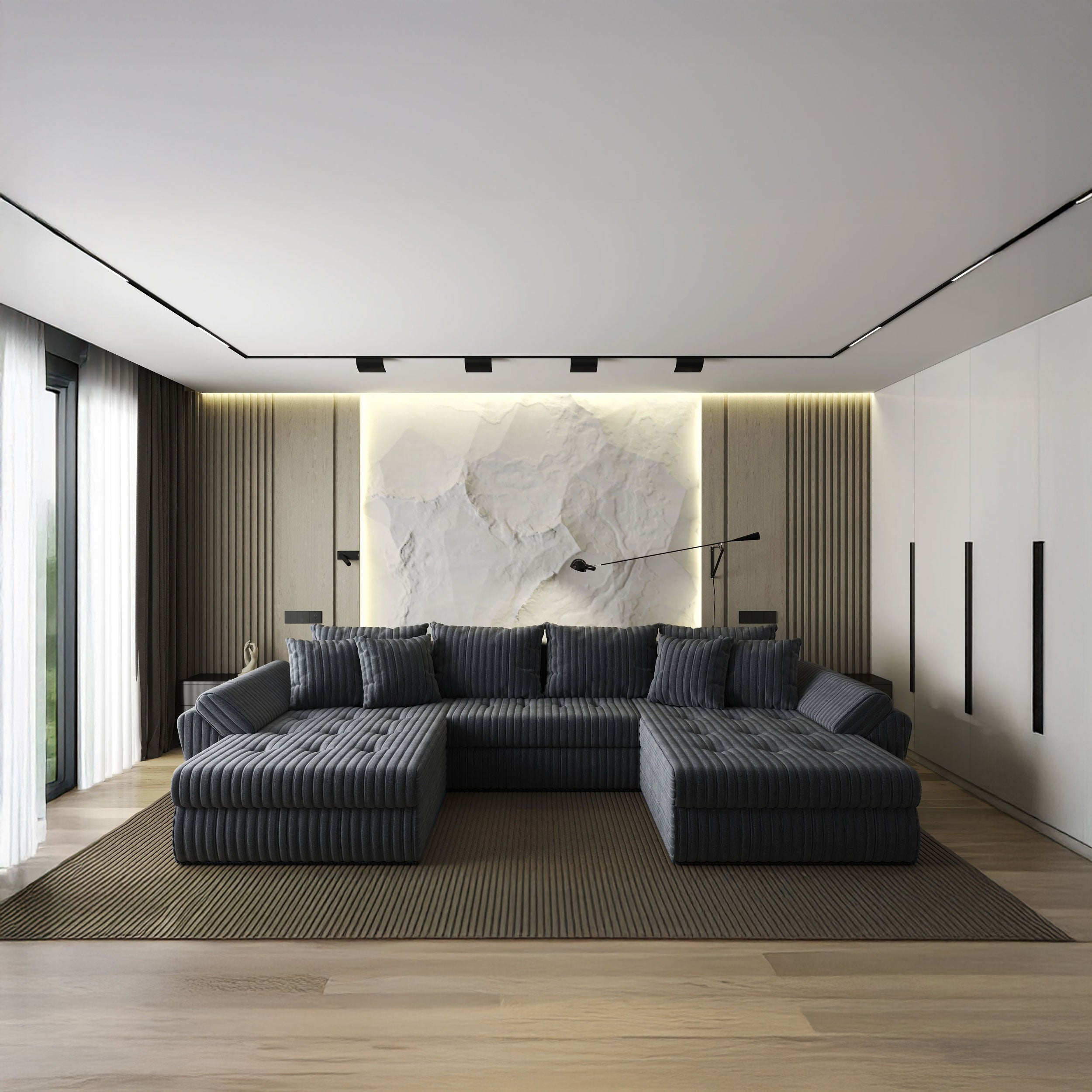 Colțar extensibil dumonde cu ladă de depozitare si sezut confortabil din spuma HR, Loana U Ambience Grey 355x185 cm Fabrica