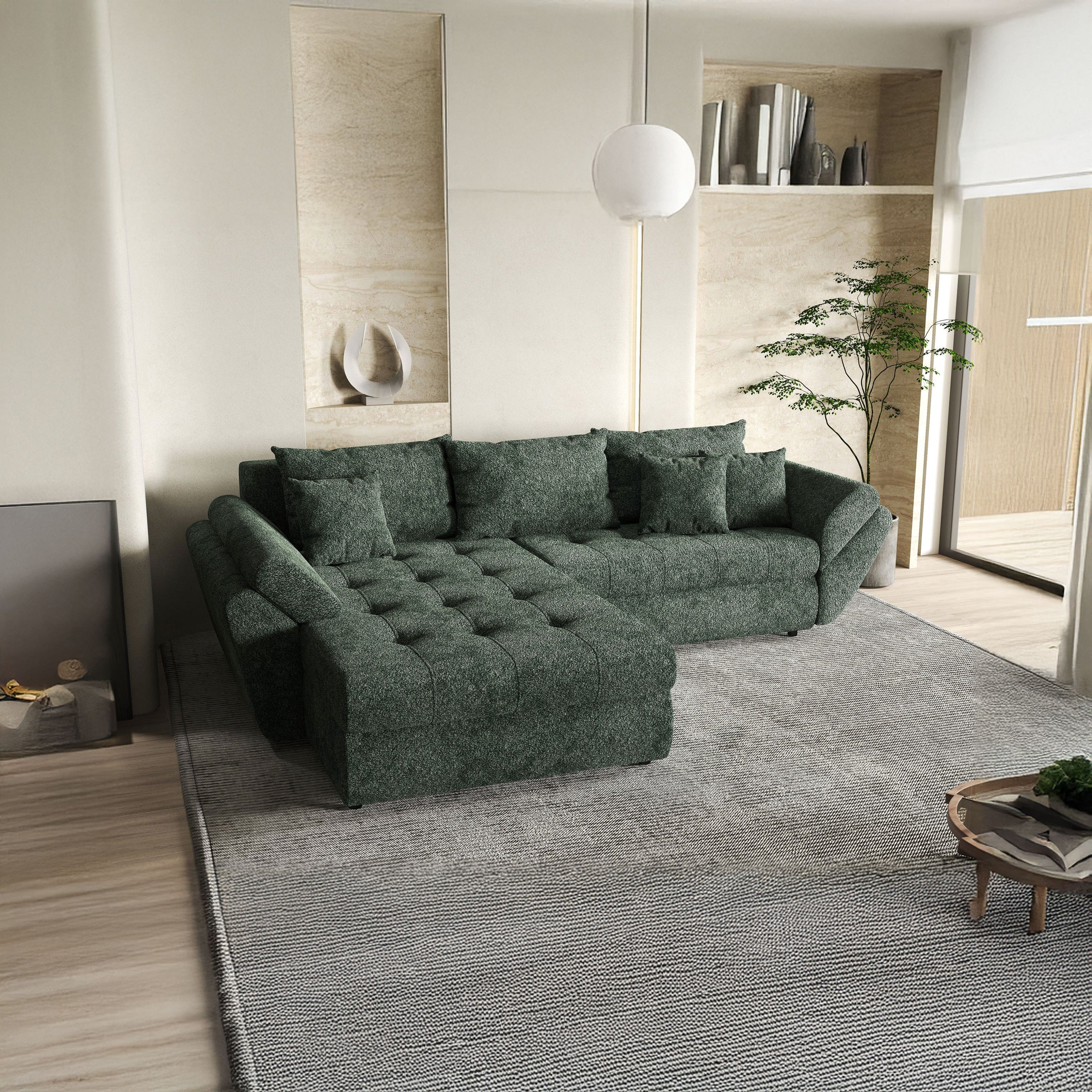 Colțar extensibil dumonde cu ladă de depozitare si sezut confortabil din spuma HR, Loana Euphoria Green 270x185 cm Fabrica
