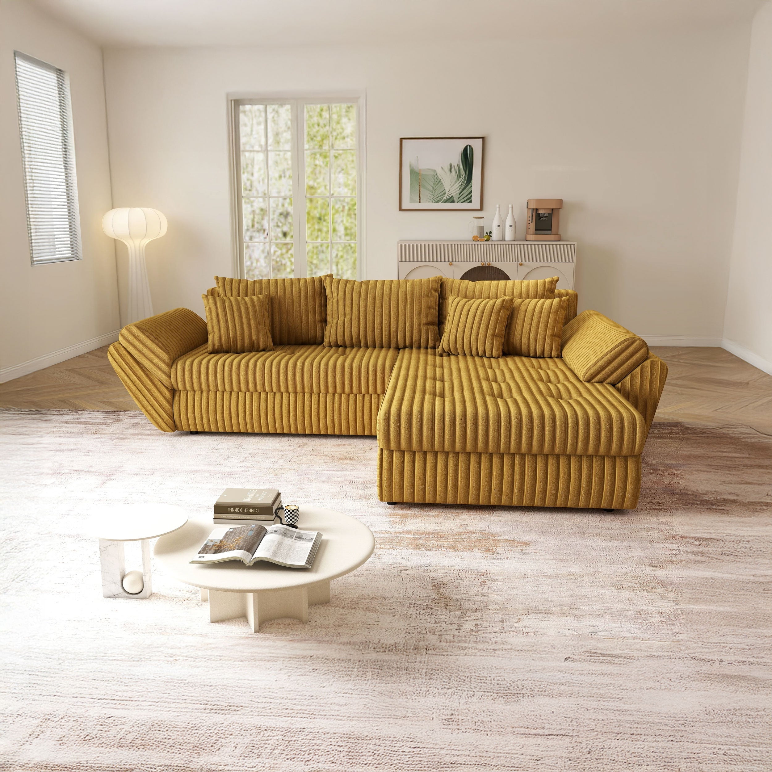 Colțar extensibil dumonde cu ladă de depozitare si sezut confortabil din spuma HR, Loana Ambience Mustar II 270x185 cm Fabrica