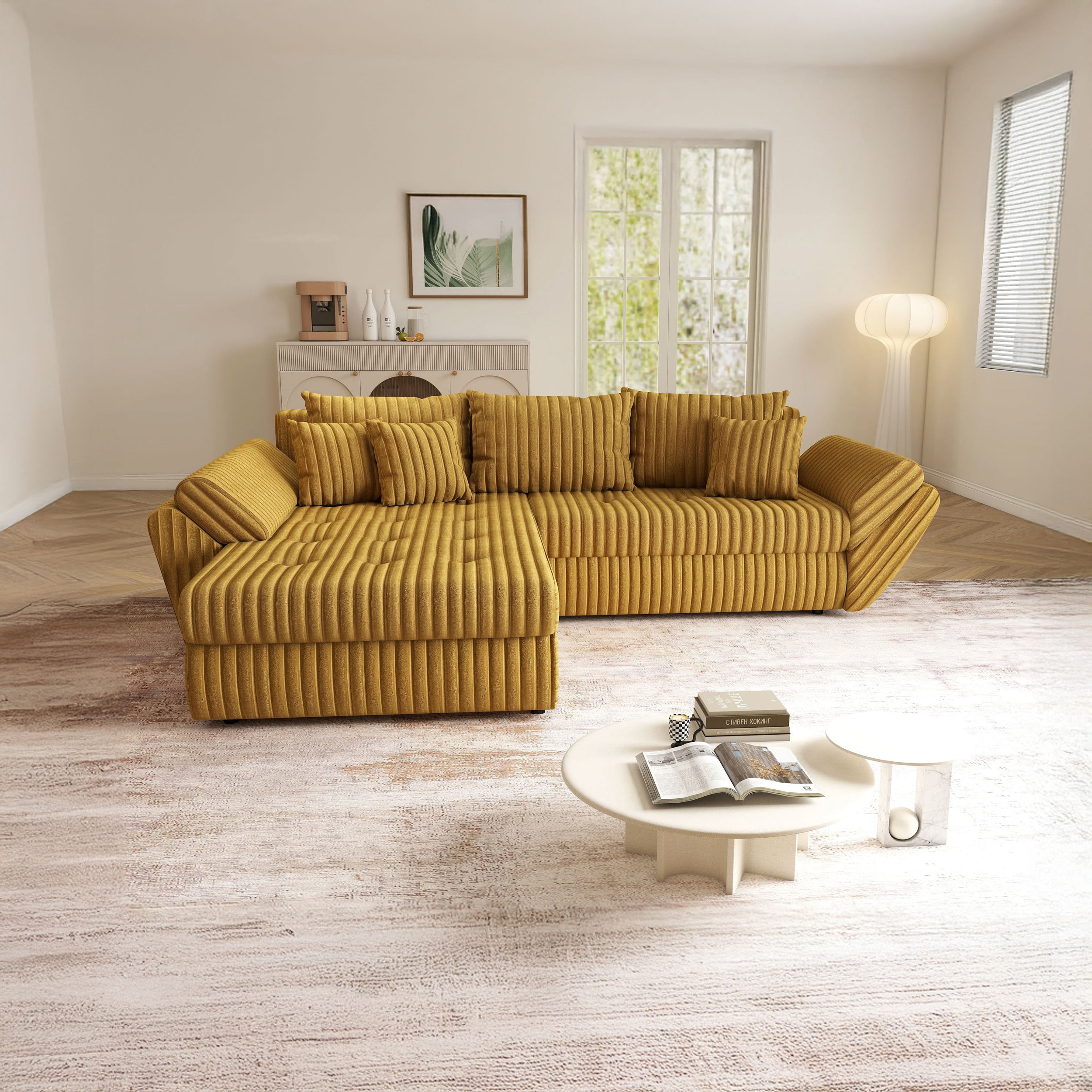 Colțar extensibil dumonde cu ladă de depozitare si sezut confortabil din spuma HR, Loana Ambience Mustar 270x185 cm Fabrica