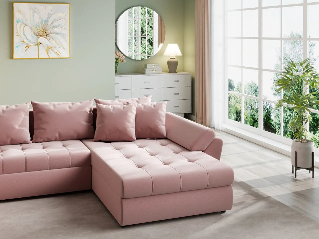 Colțar extensibil dumonde cu ladă de depozitare si sezut confortabil din spuma HR, Loana U Royal Pink 355x185 cm Fabrica