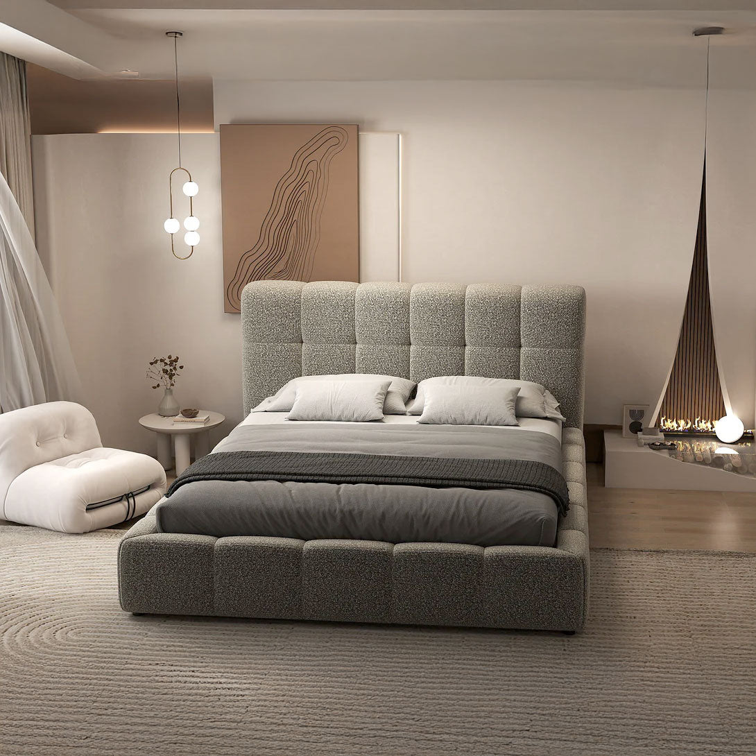 Pat dormitor dumonde, tapitat gri, Lorenzo 140x200 cm, somiera rabatabila inclusa, spatiu depozitare