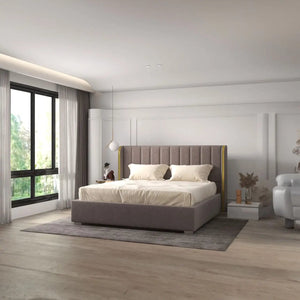 Pat dormitor tapitat gri, Lyon 160x200 cm, somiera rabatabila inclusa, spatiu depozitare
