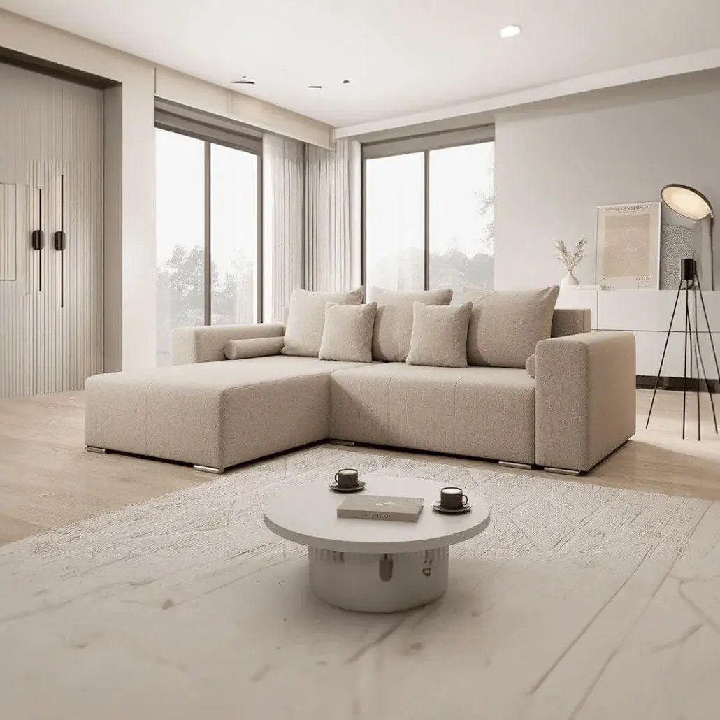 Colțar extensibil dumonde cu ladă de depozitare si sezut confortabil din spuma HR, Marbela Beige 275x185 cm Fabrica