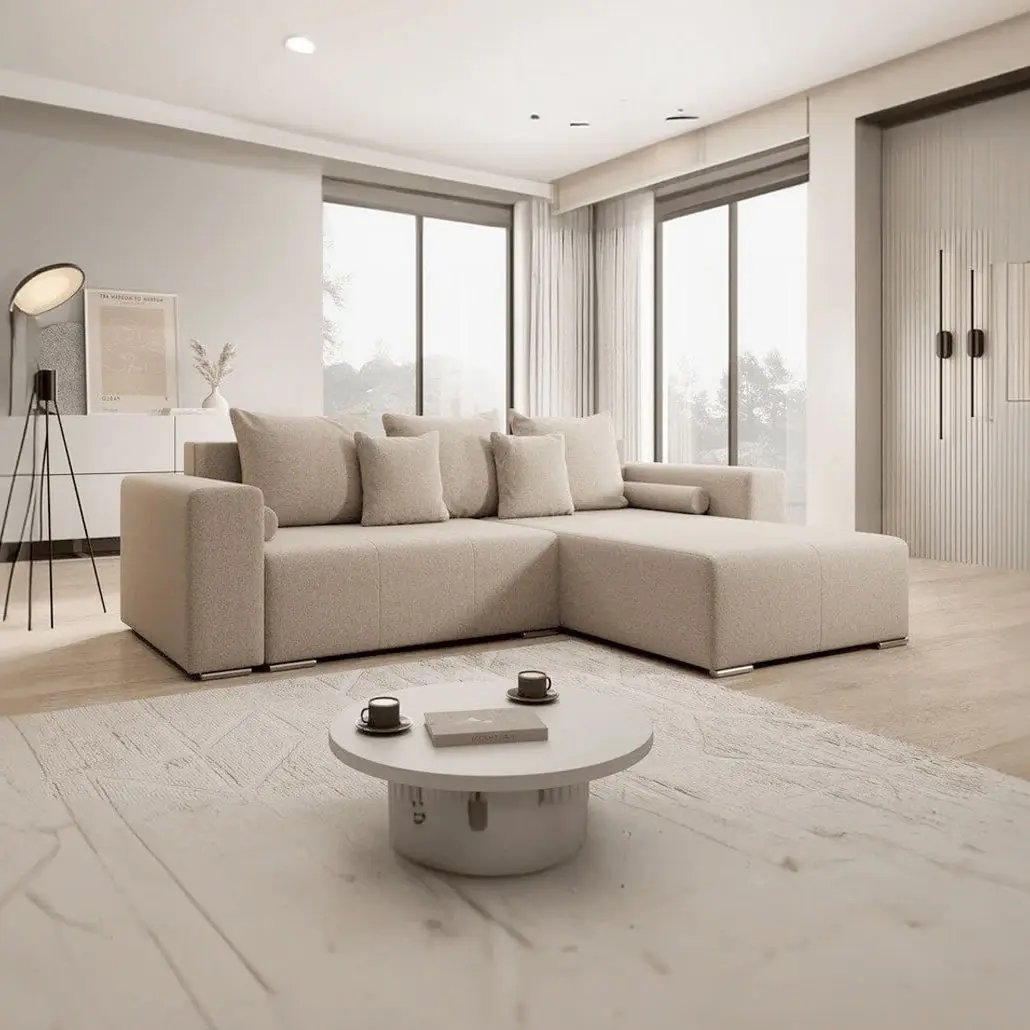 Colțar extensibil dumonde cu ladă de depozitare si sezut confortabil din spuma HR, Marbela Beige II 275x185 cm Fabrica