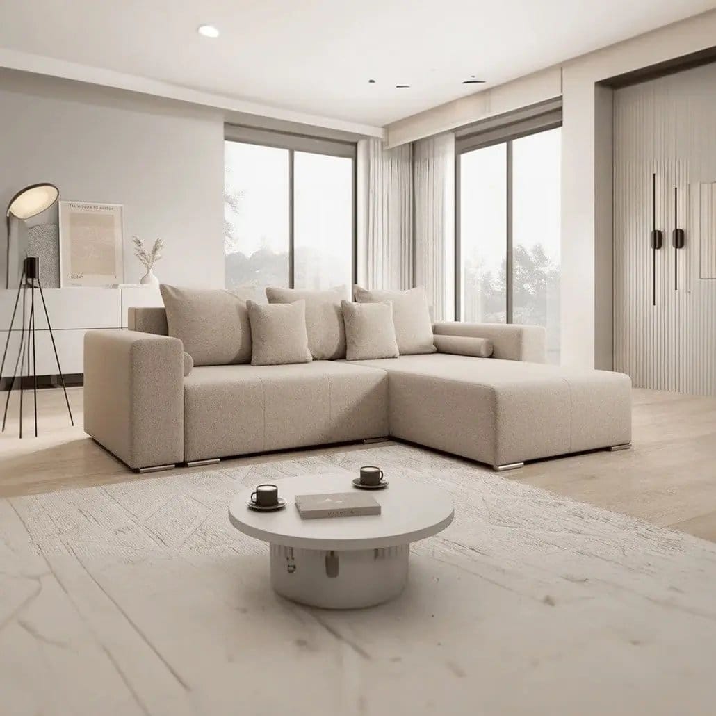 Colțar extensibil dumonde cu ladă de depozitare si sezut confortabil din spuma HR, Marbela Beige II 275x185 cm Fabrica
