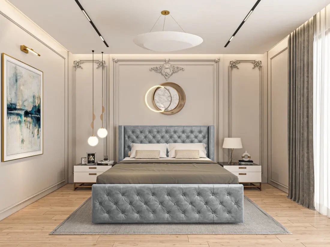 Pat dormitor dumonde, tapitat gri, Nisa 160x200 cm, somiera rabatabila inclusa, spatiu depozitare WLS