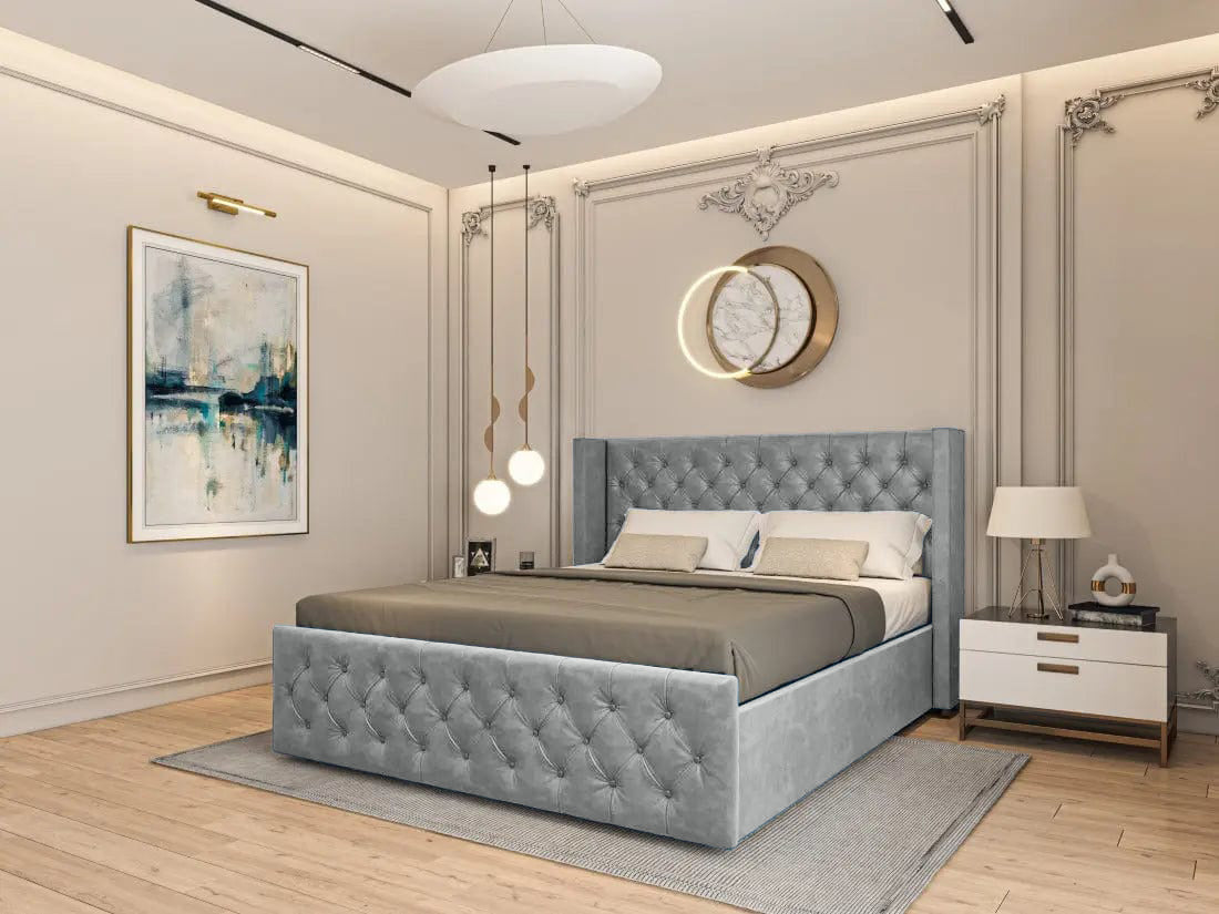 Pat dormitor dumonde, tapitat gri, Nisa 160x200 cm, somiera rabatabila inclusa, spatiu depozitare WLS