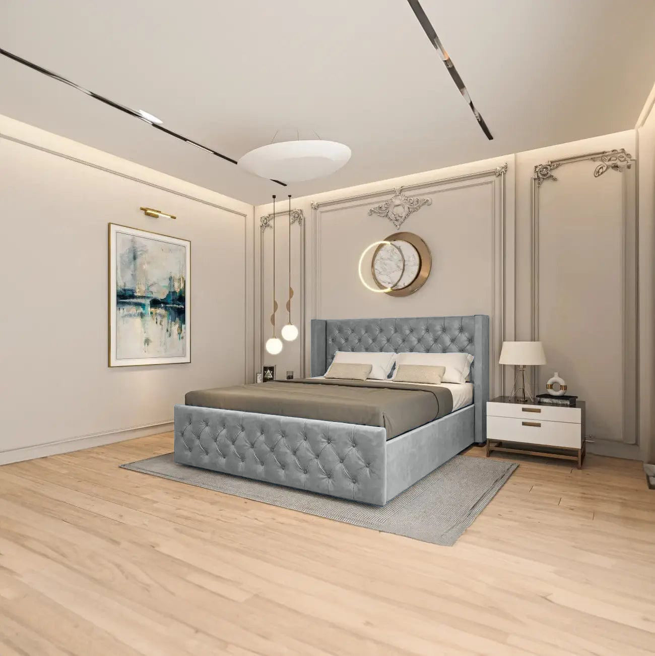 Pat dormitor dumonde, tapitat gri, Nisa 160x200 cm, somiera rabatabila inclusa, spatiu depozitare WLS