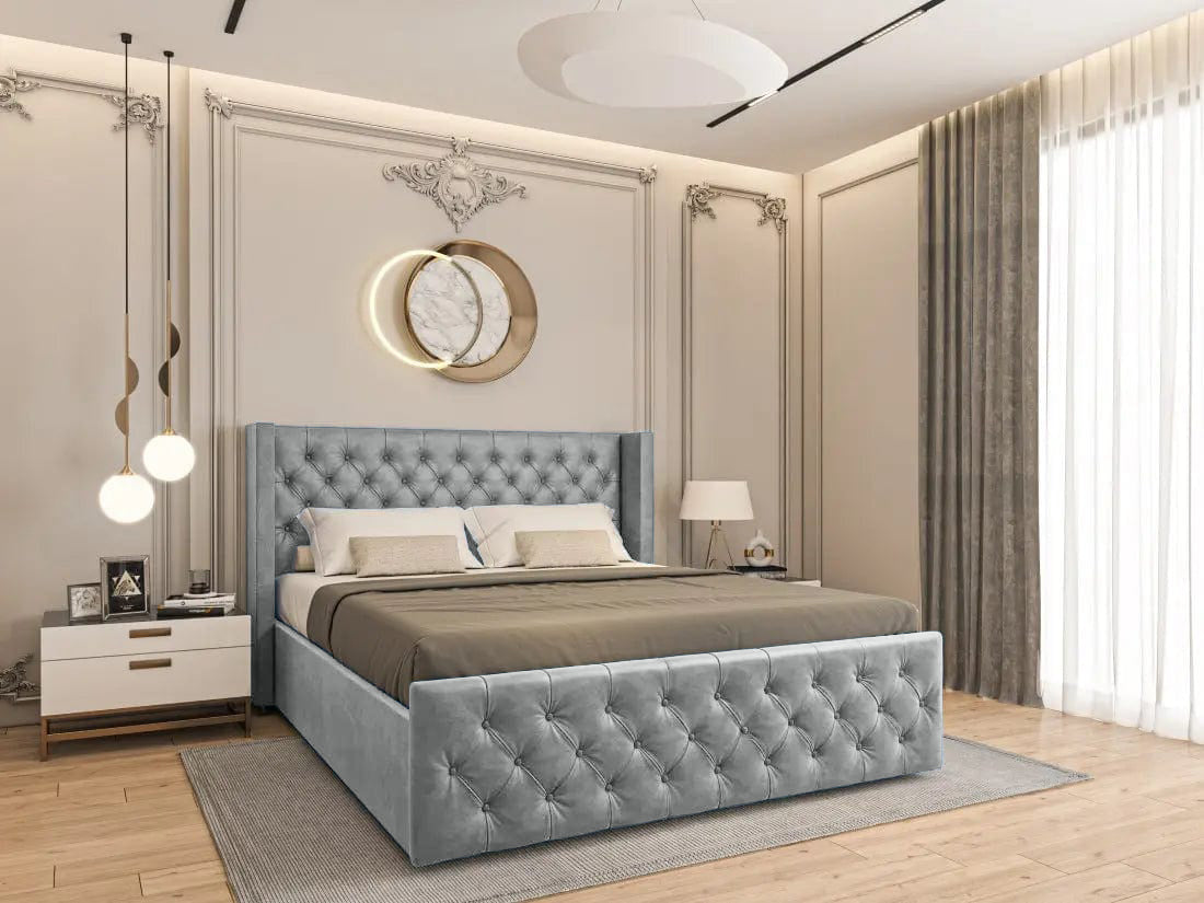 Pat dormitor dumonde, tapitat gri, Nisa 160x200 cm, somiera rabatabila inclusa, spatiu depozitare WLS