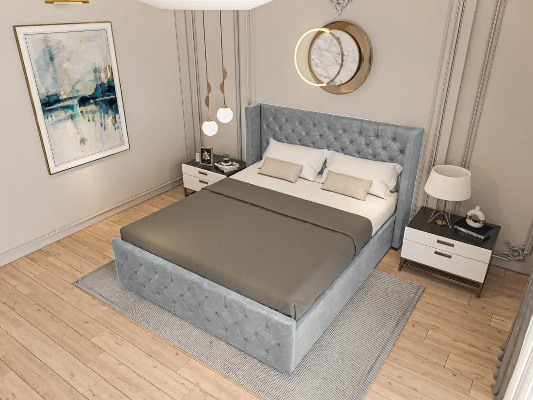 Pat dormitor dumonde, tapitat gri, Nisa 160x200 cm, somiera rabatabila inclusa, spatiu depozitare WLS