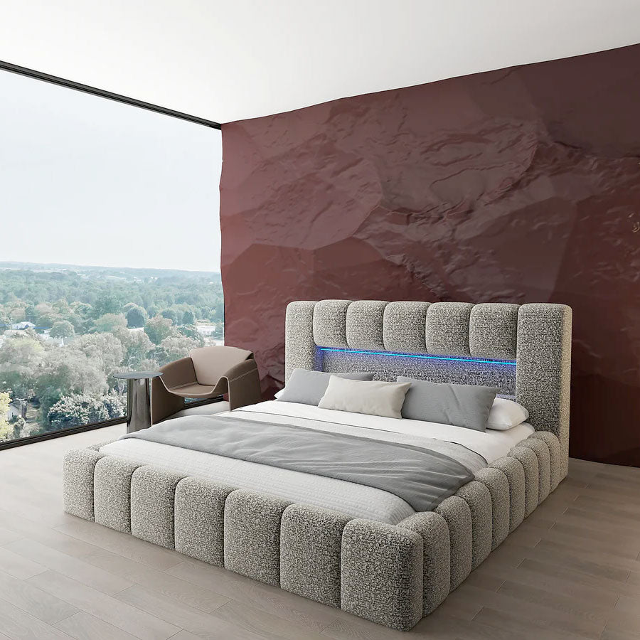 Pat dormitor dumonde, tapitat bej cu LED si USB, Palermo 160x200 cm, somiera rabatabila inclusa, spatiu depozitare