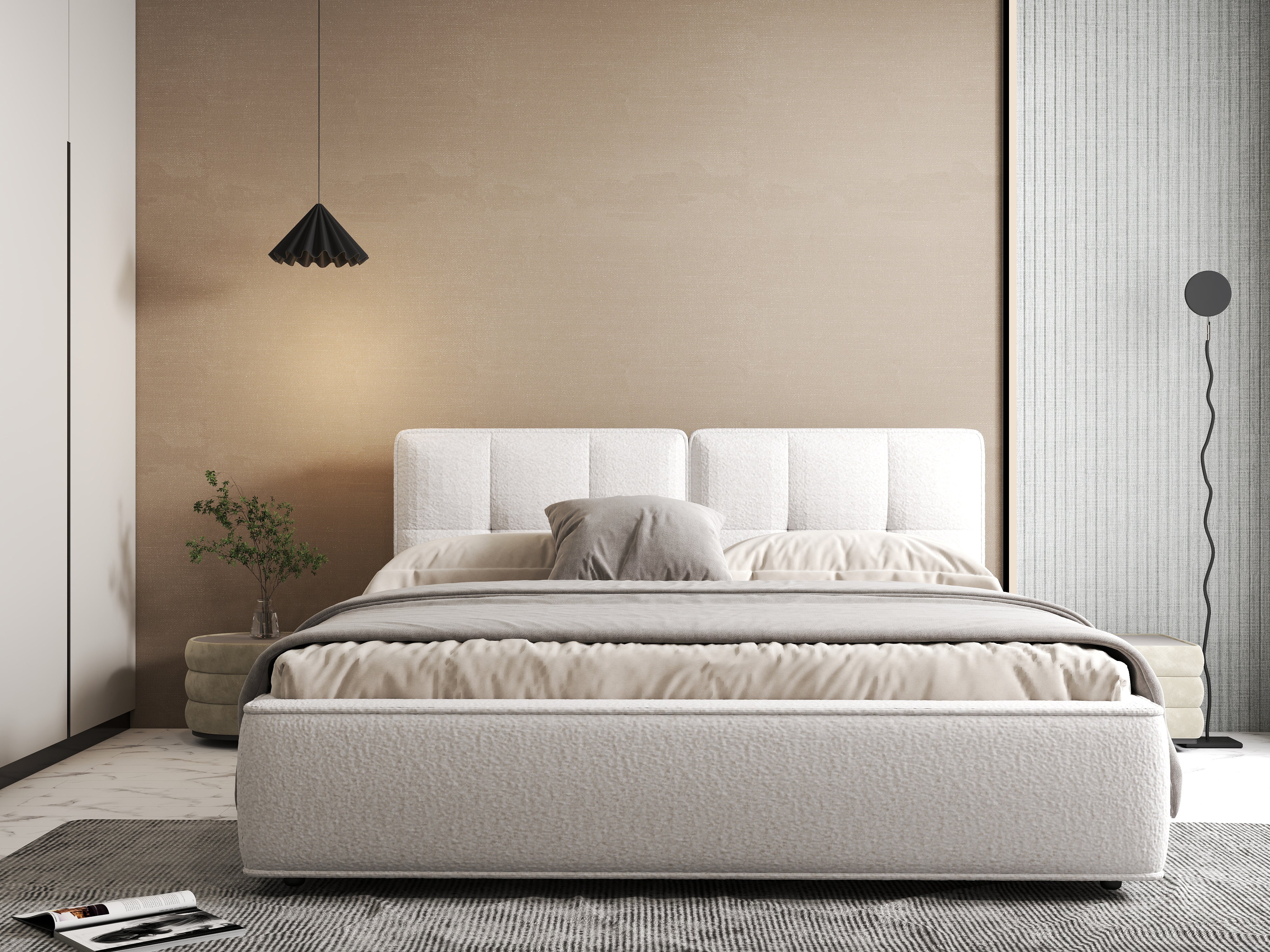 Pat dormitor dumonde, tapitat alb Madrid 180x200 cm, somiera rabatabila inclusa, spatiu depozitare WLS