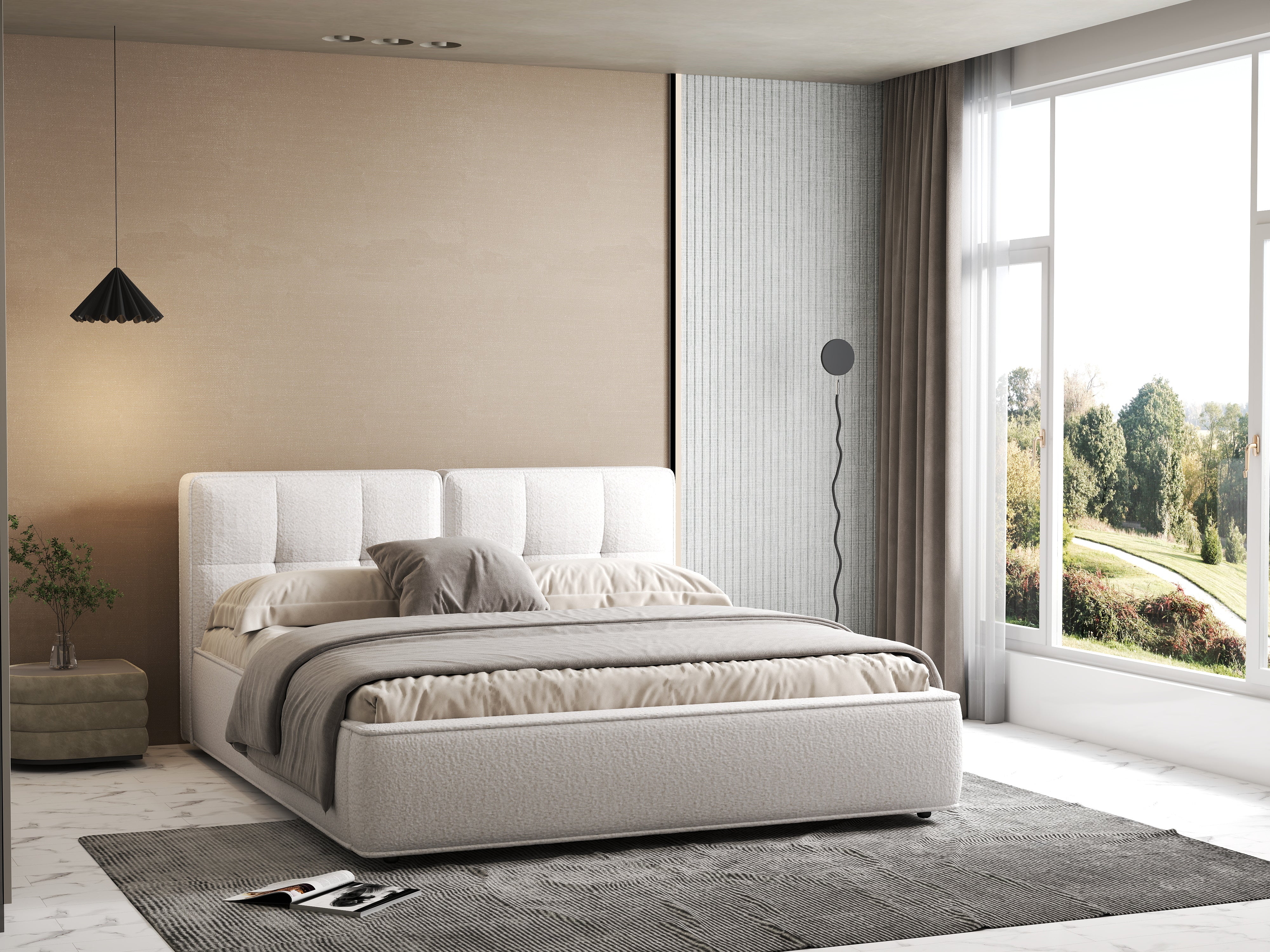 Pat dormitor dumonde, tapitat alb Madrid 180x200 cm, somiera rabatabila inclusa, spatiu depozitare WLS