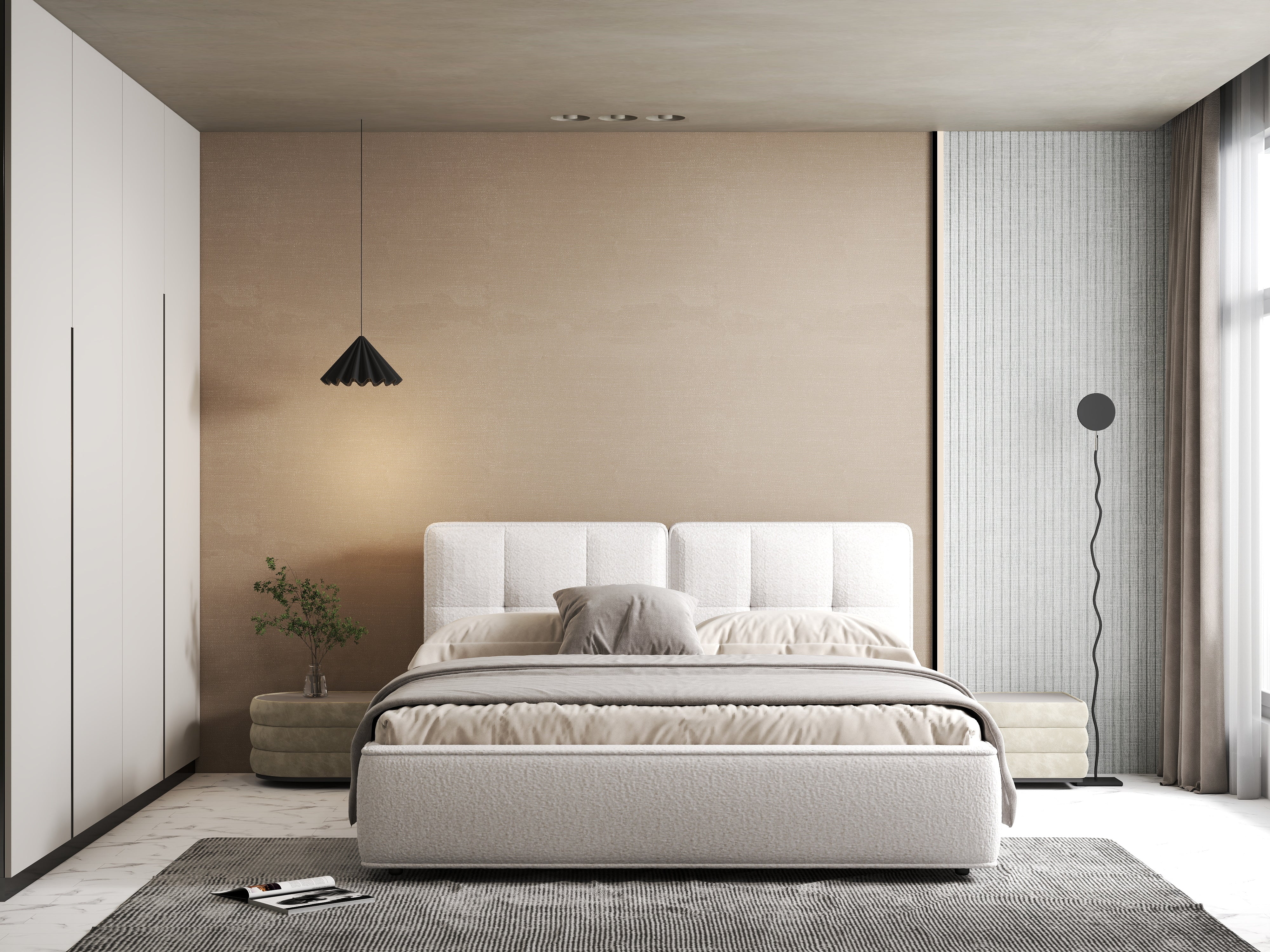 Pat dormitor dumonde, tapitat alb Madrid 180x200 cm, somiera rabatabila inclusa, spatiu depozitare WLS