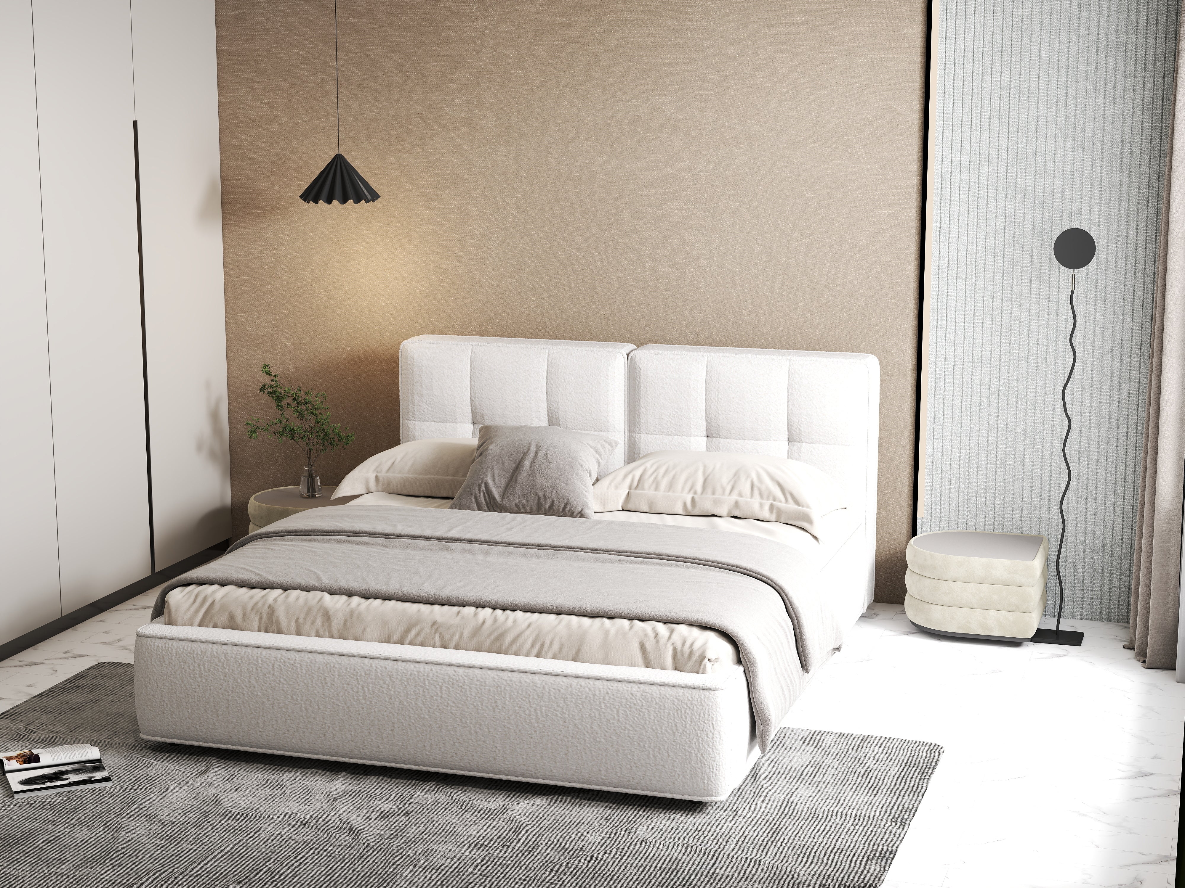 Pat dormitor dumonde, tapitat alb Madrid 180x200 cm, somiera rabatabila inclusa, spatiu depozitare WLS