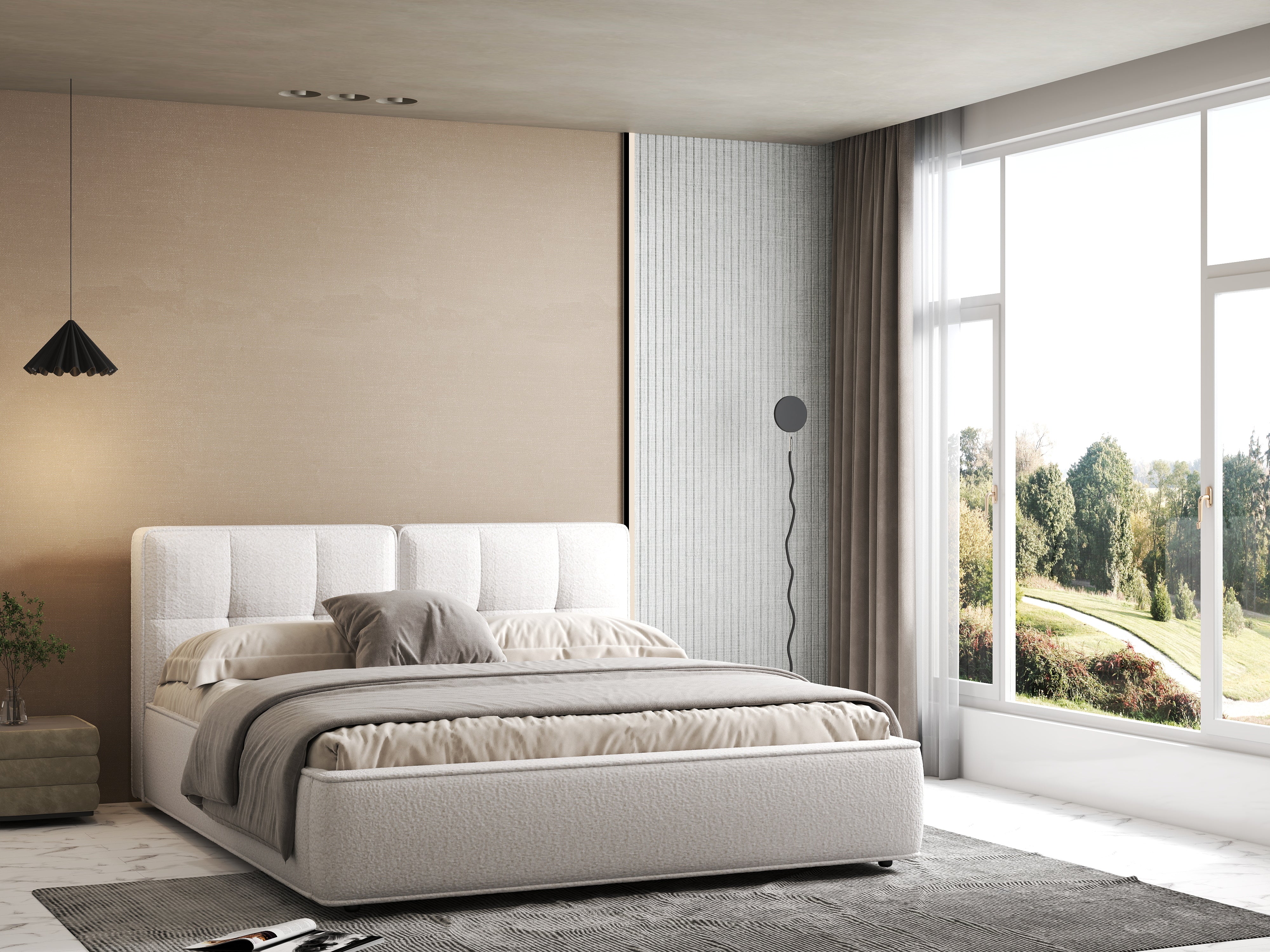 Pat dormitor dumonde, tapitat alb Madrid 180x200 cm, somiera rabatabila inclusa, spatiu depozitare WLS