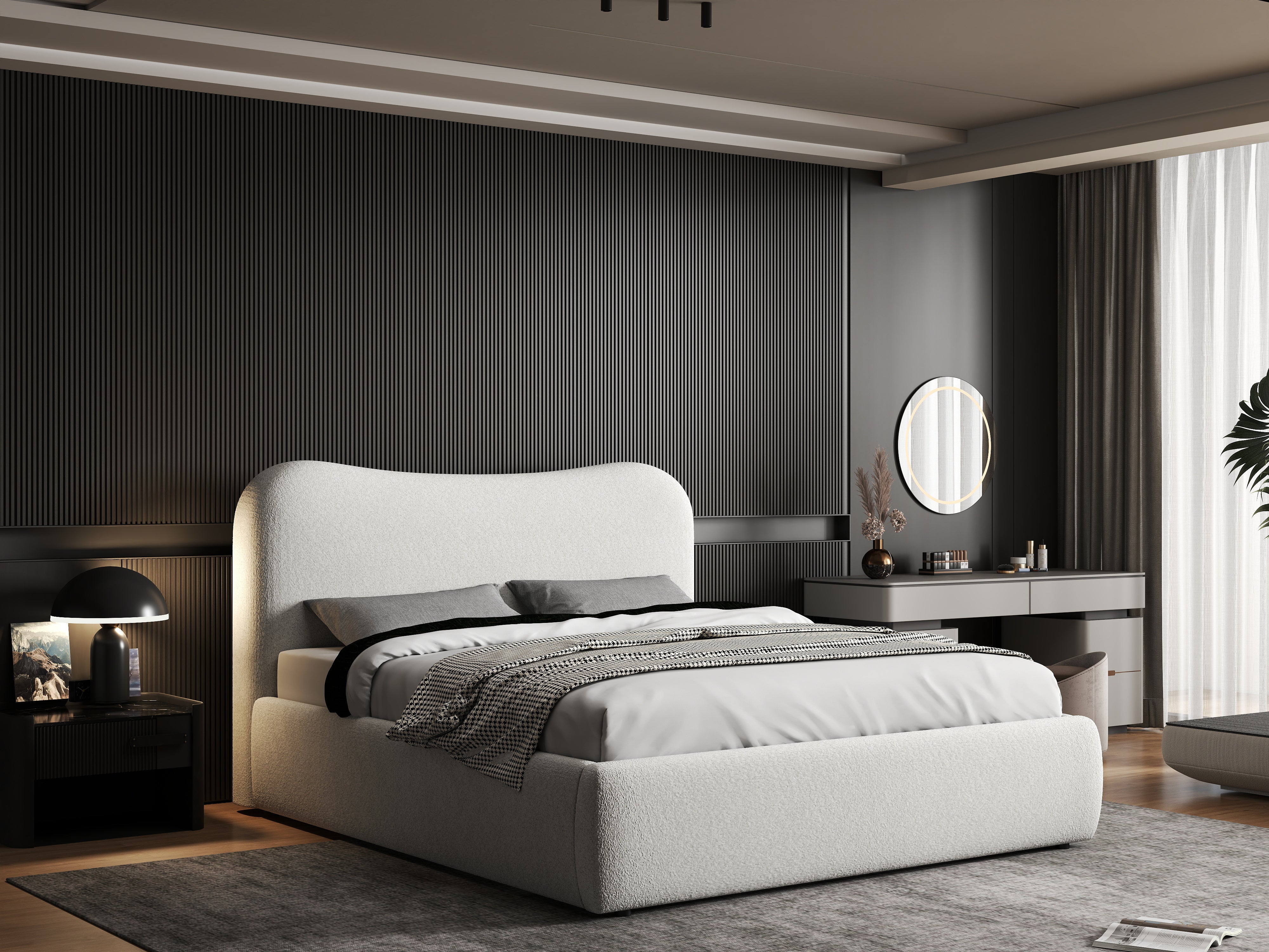 Pat dormitor dumonde, tapitat alb, Matias 140x200 cm, somiera rabatabila inclusa, spatiu depozitare WLS