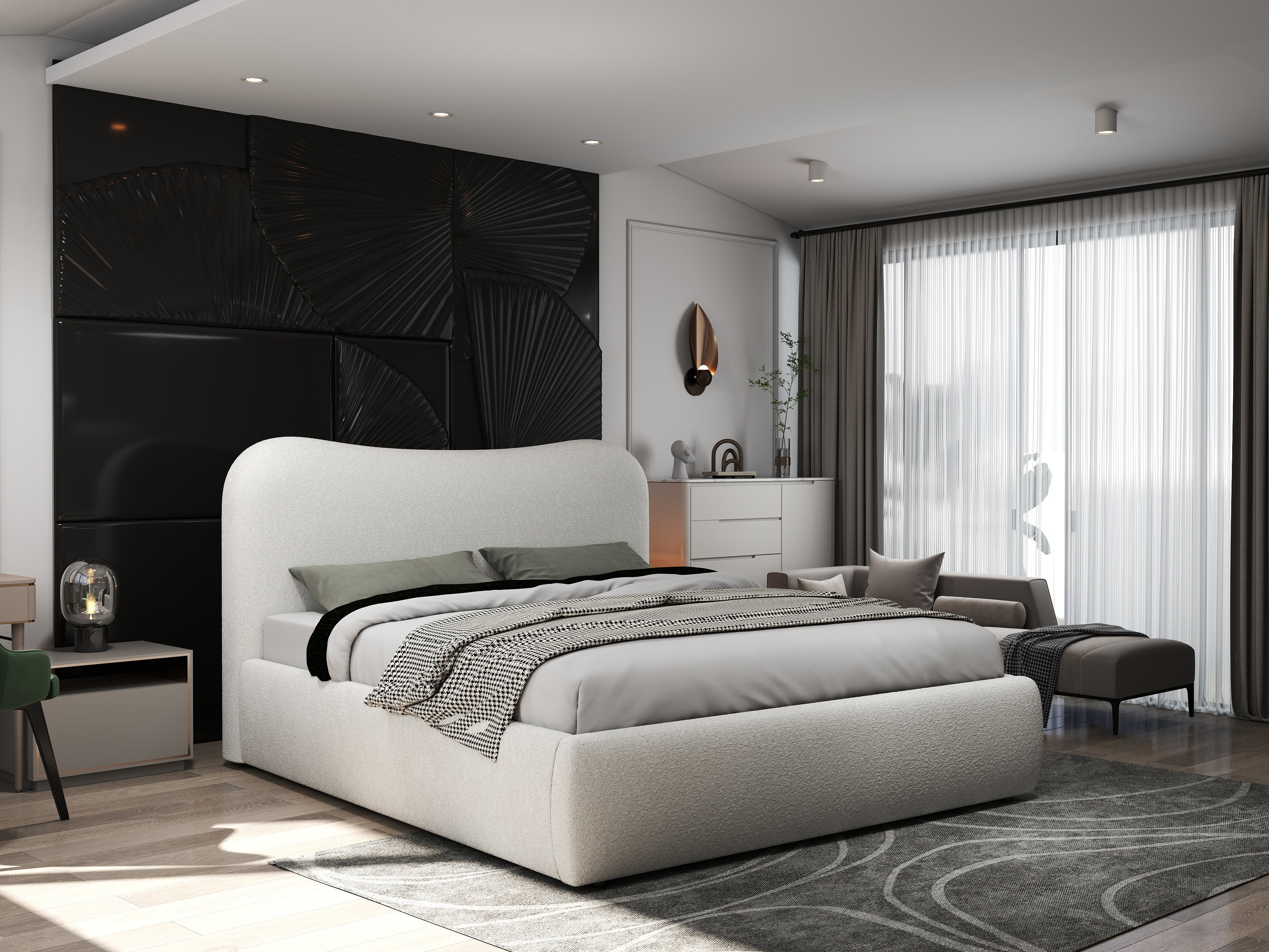 Pat dormitor dumonde, tapitat alb, Matias 180x200 cm, somiera rabatabila inclusa, spatiu depozitare WLS