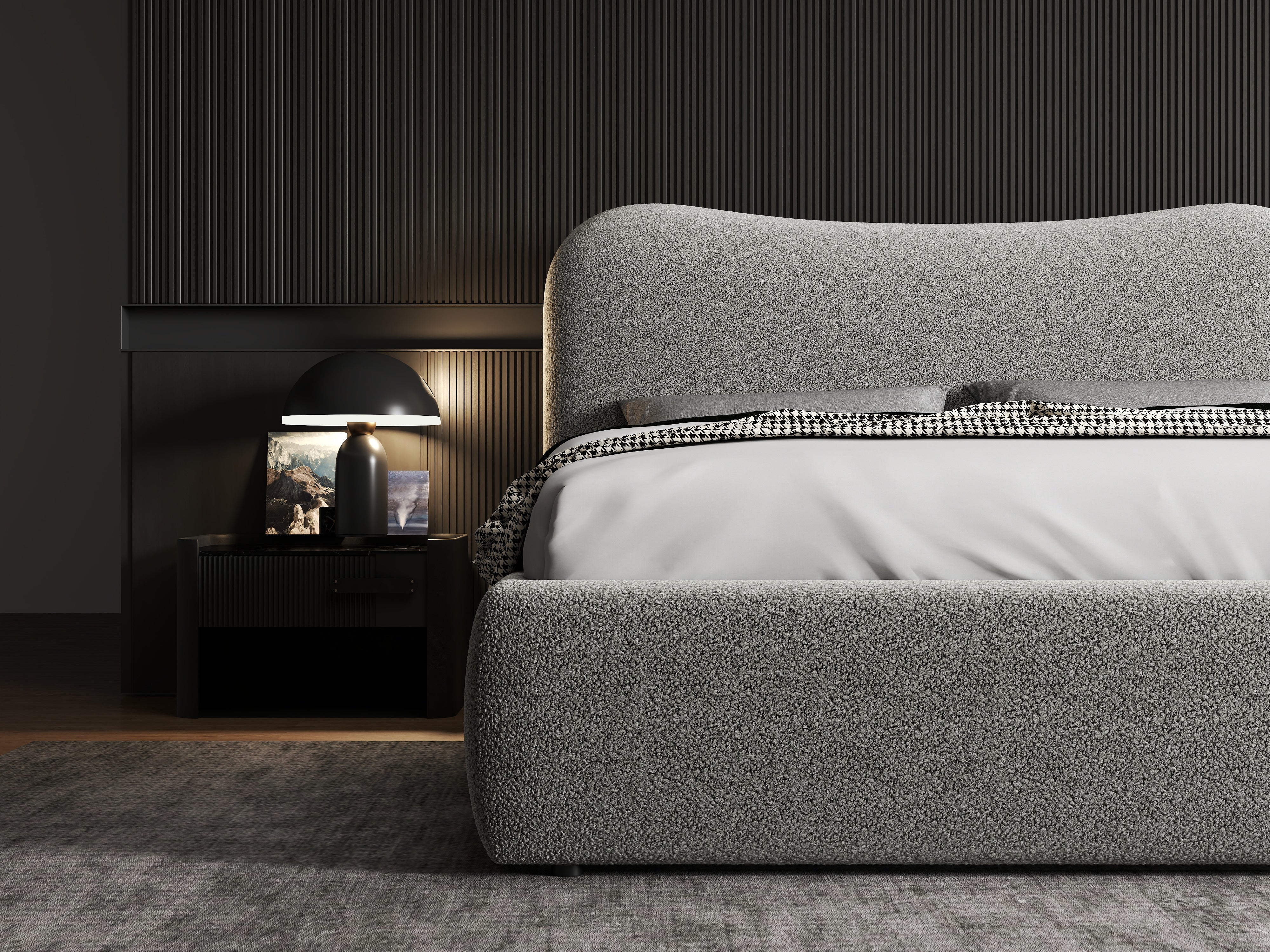 Pat dormitor dumonde, tapitat gri, Matias 160x200 cm, somiera rabatabila inclusa, spatiu depozitare WLS