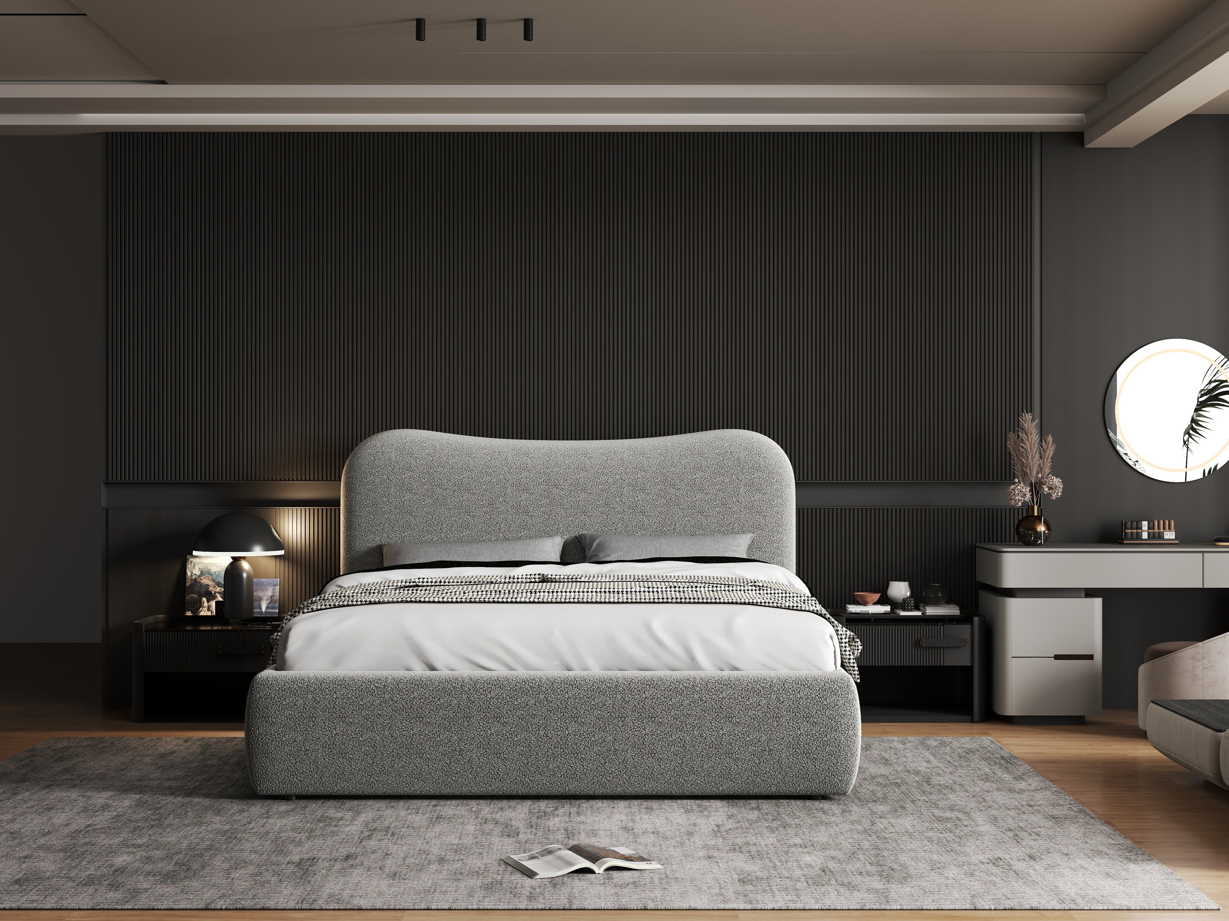 Pat dormitor dumonde, tapitat gri, Matias 160x200 cm, somiera rabatabila inclusa, spatiu depozitare WLS