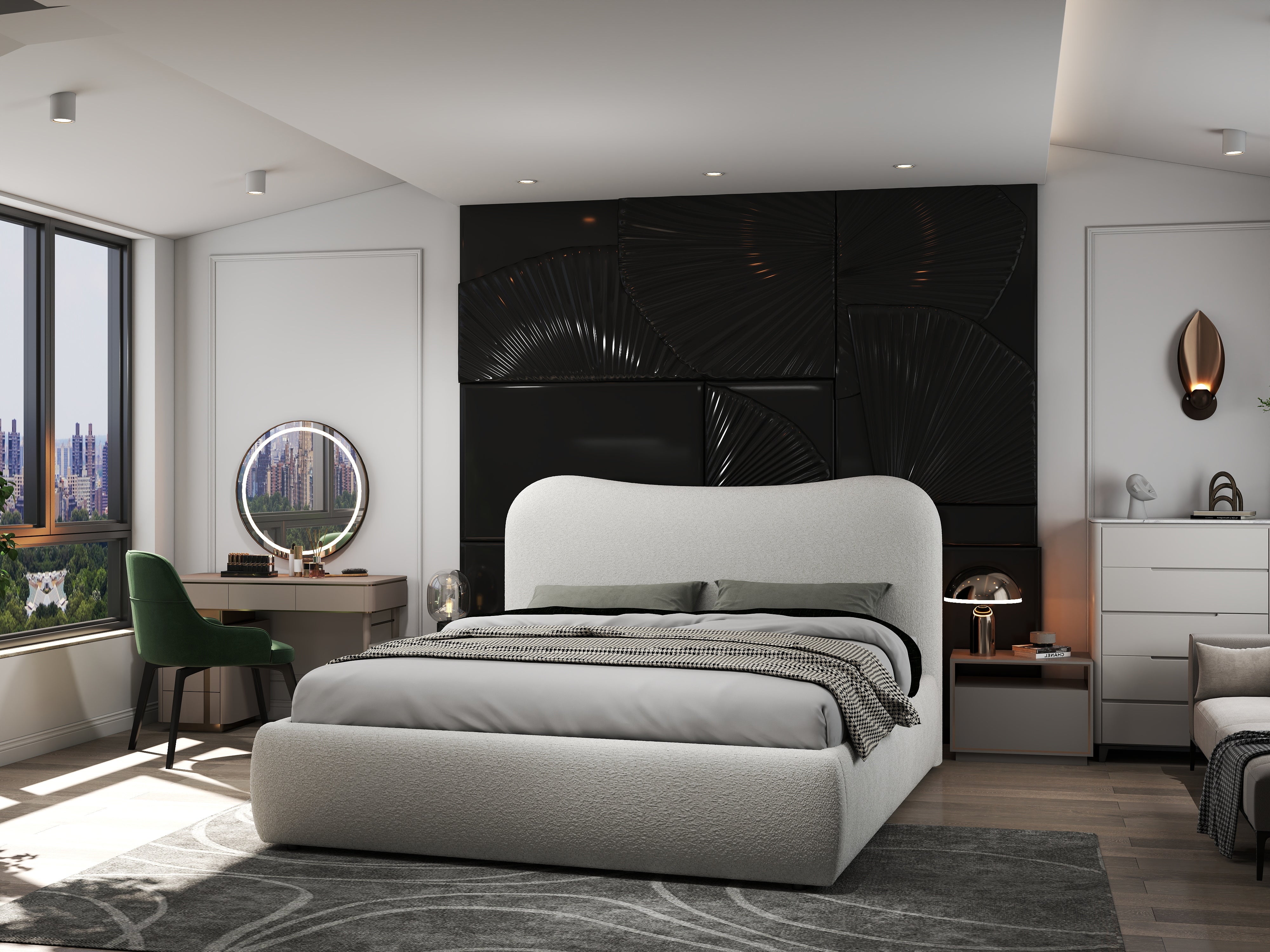 Pat dormitor dumonde, tapitat alb, Matias 160x200 cm, somiera rabatabila inclusa, spatiu depozitare WLS