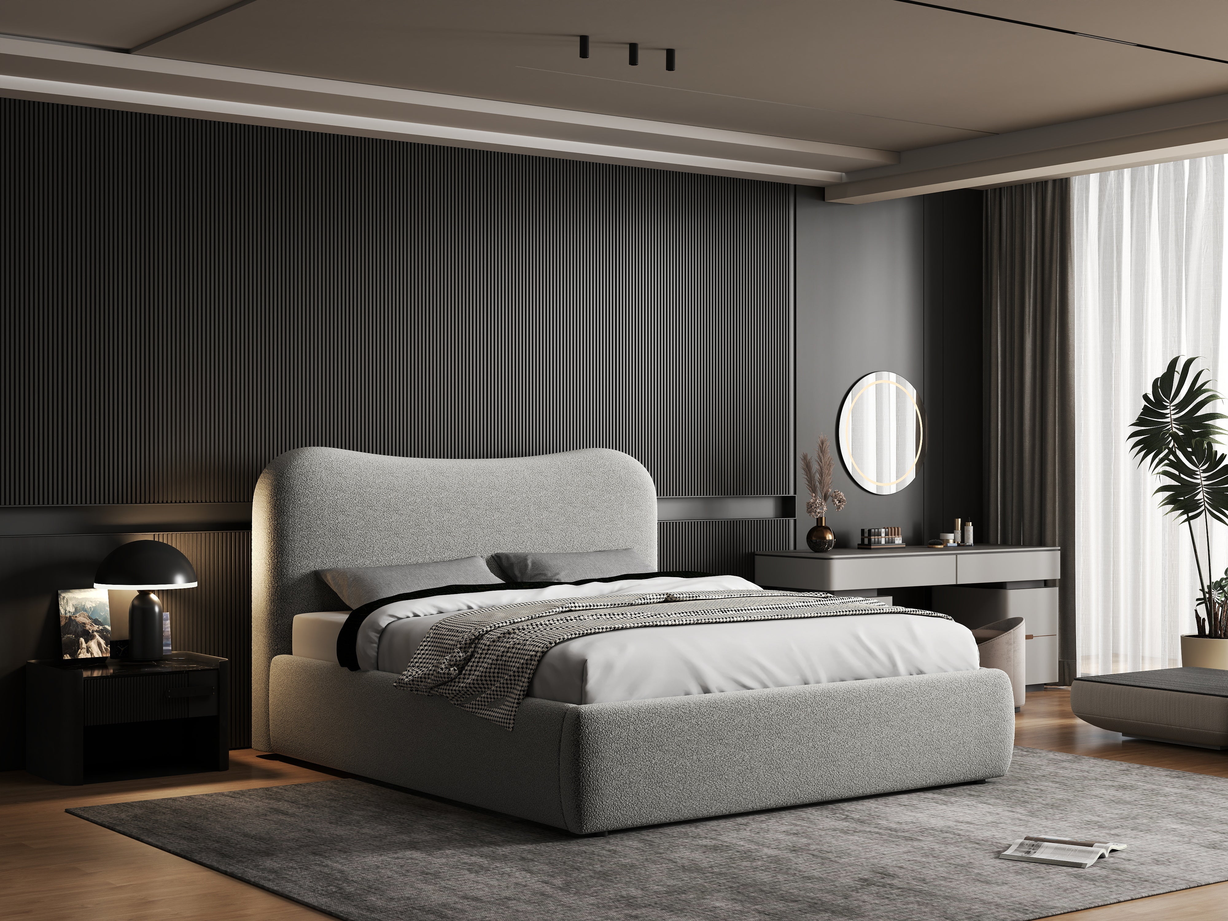 Pat dormitor dumonde, tapitat gri, Matias 160x200 cm, somiera rabatabila inclusa, spatiu depozitare WLS