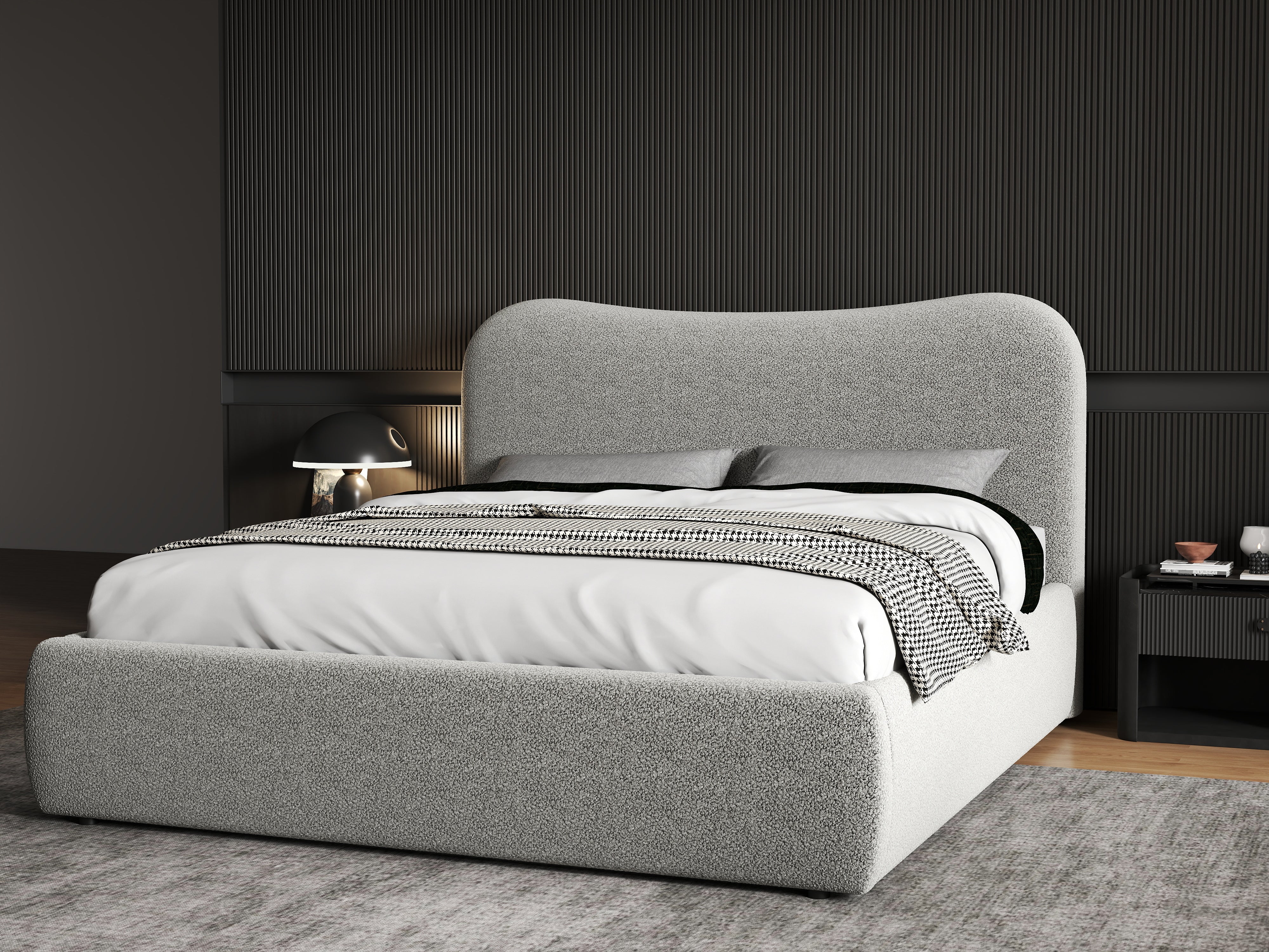 Pat dormitor dumonde, tapitat gri, Matias 160x200 cm, somiera rabatabila inclusa, spatiu depozitare WLS