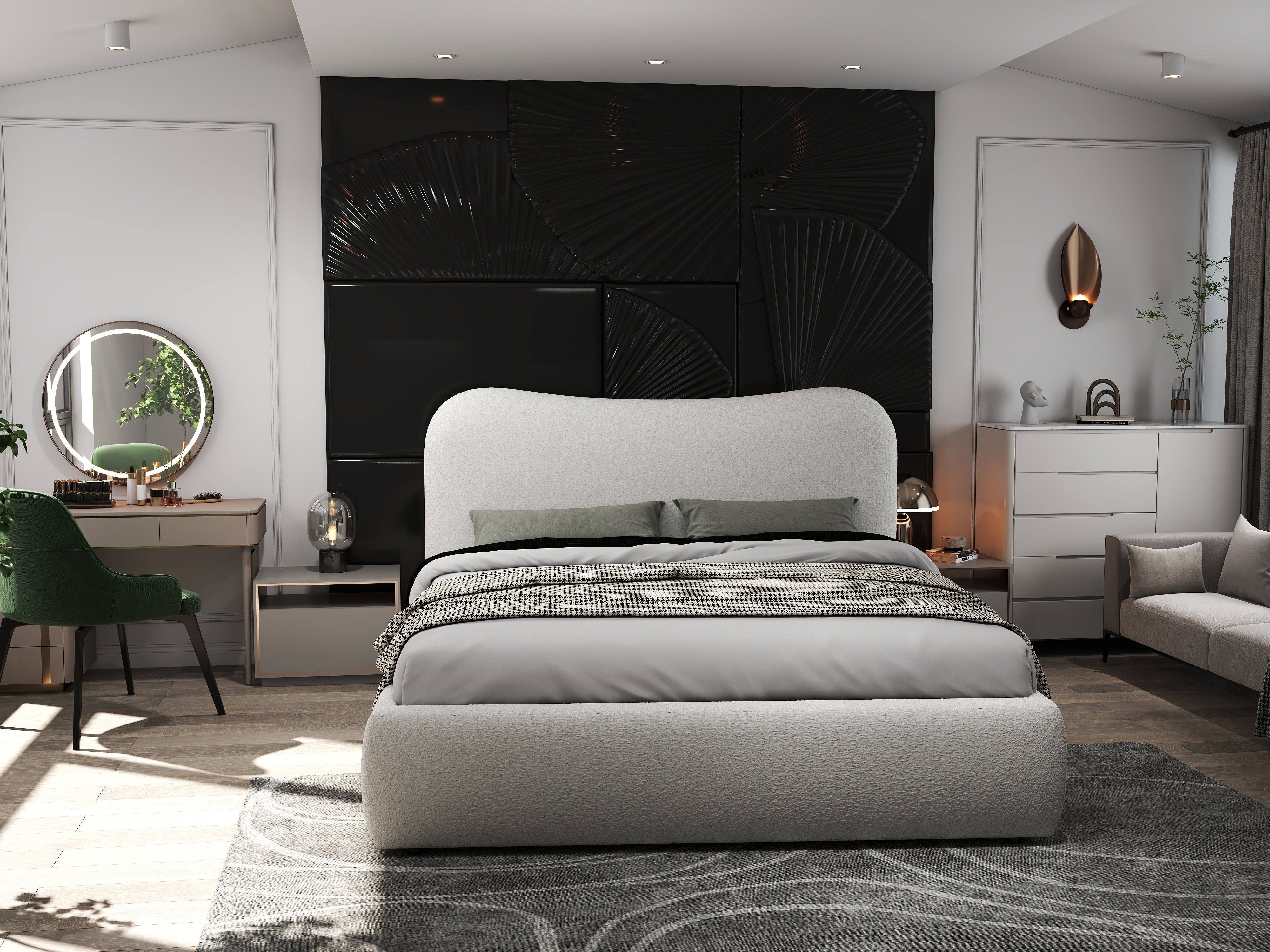 Pat dormitor dumonde, tapitat alb, Matias 160x200 cm, somiera rabatabila inclusa, spatiu depozitare WLS