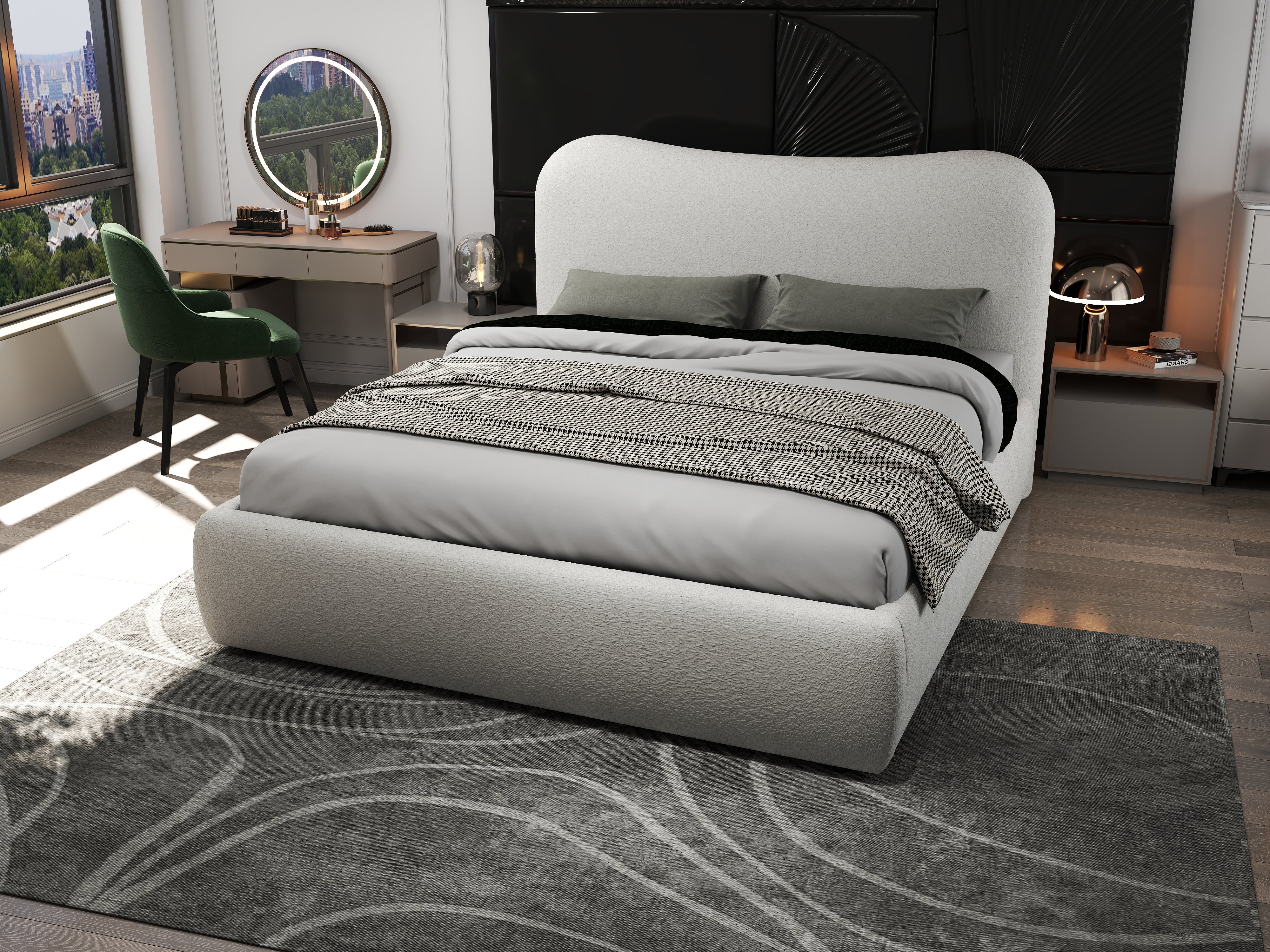 Pat dormitor dumonde, tapitat alb, Matias 160x200 cm, somiera rabatabila inclusa, spatiu depozitare WLS