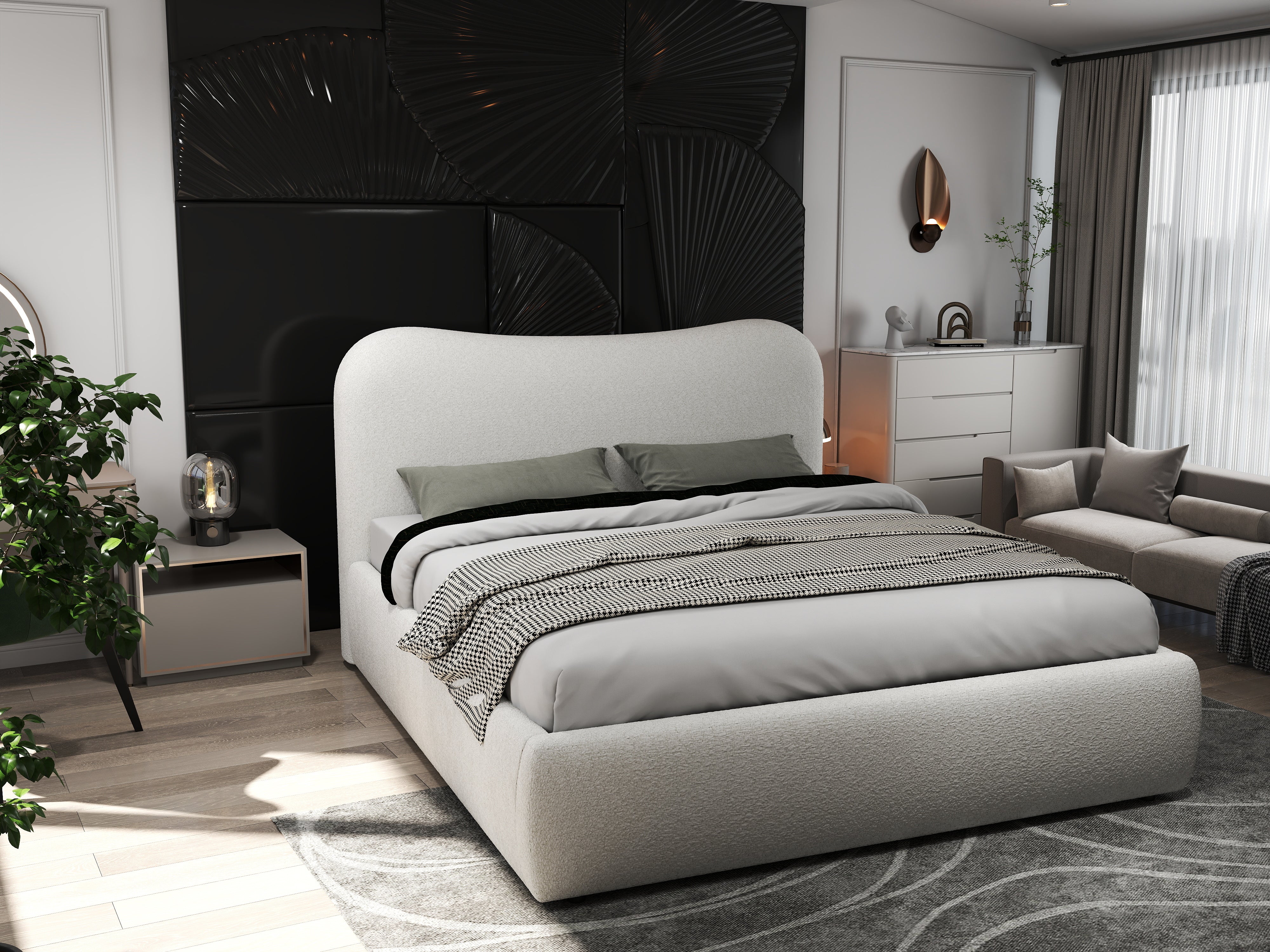 Pat dormitor dumonde, tapitat alb, Matias 160x200 cm, somiera rabatabila inclusa, spatiu depozitare WLS