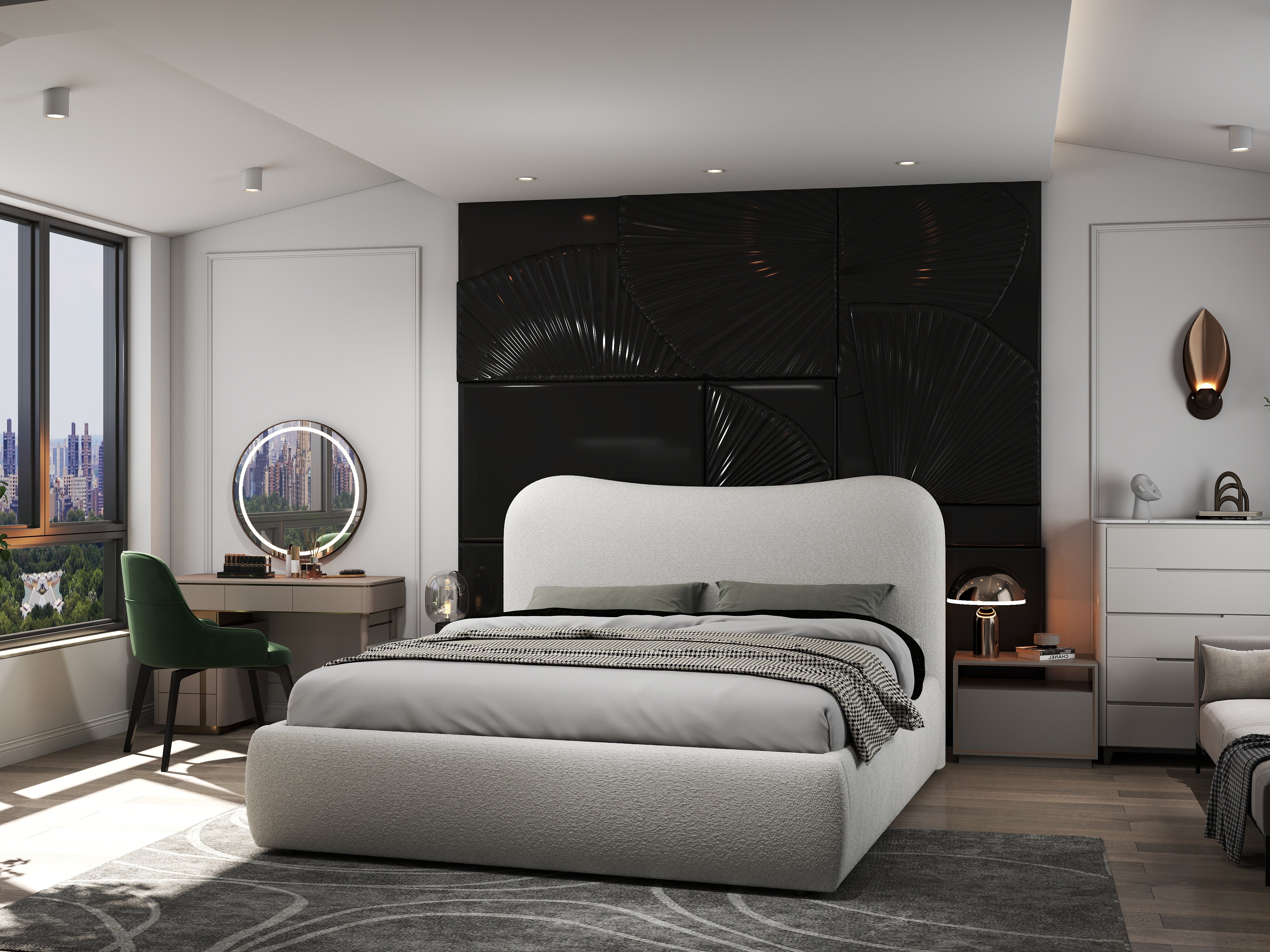 Pat dormitor dumonde, tapitat alb, Matias 160x200 cm, somiera rabatabila inclusa, spatiu depozitare WLS