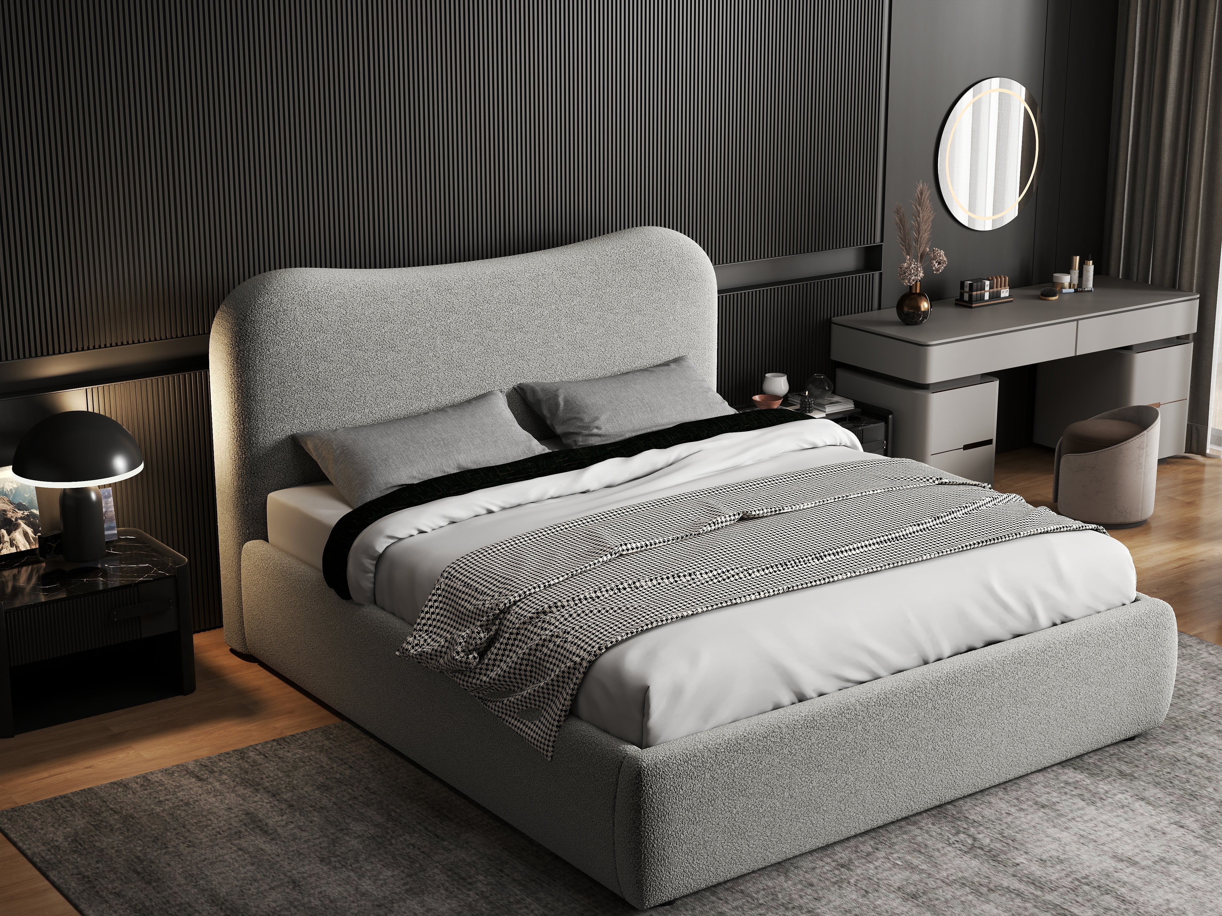 Pat dormitor dumonde, tapitat gri, Matias 160x200 cm, somiera rabatabila inclusa, spatiu depozitare WLS
