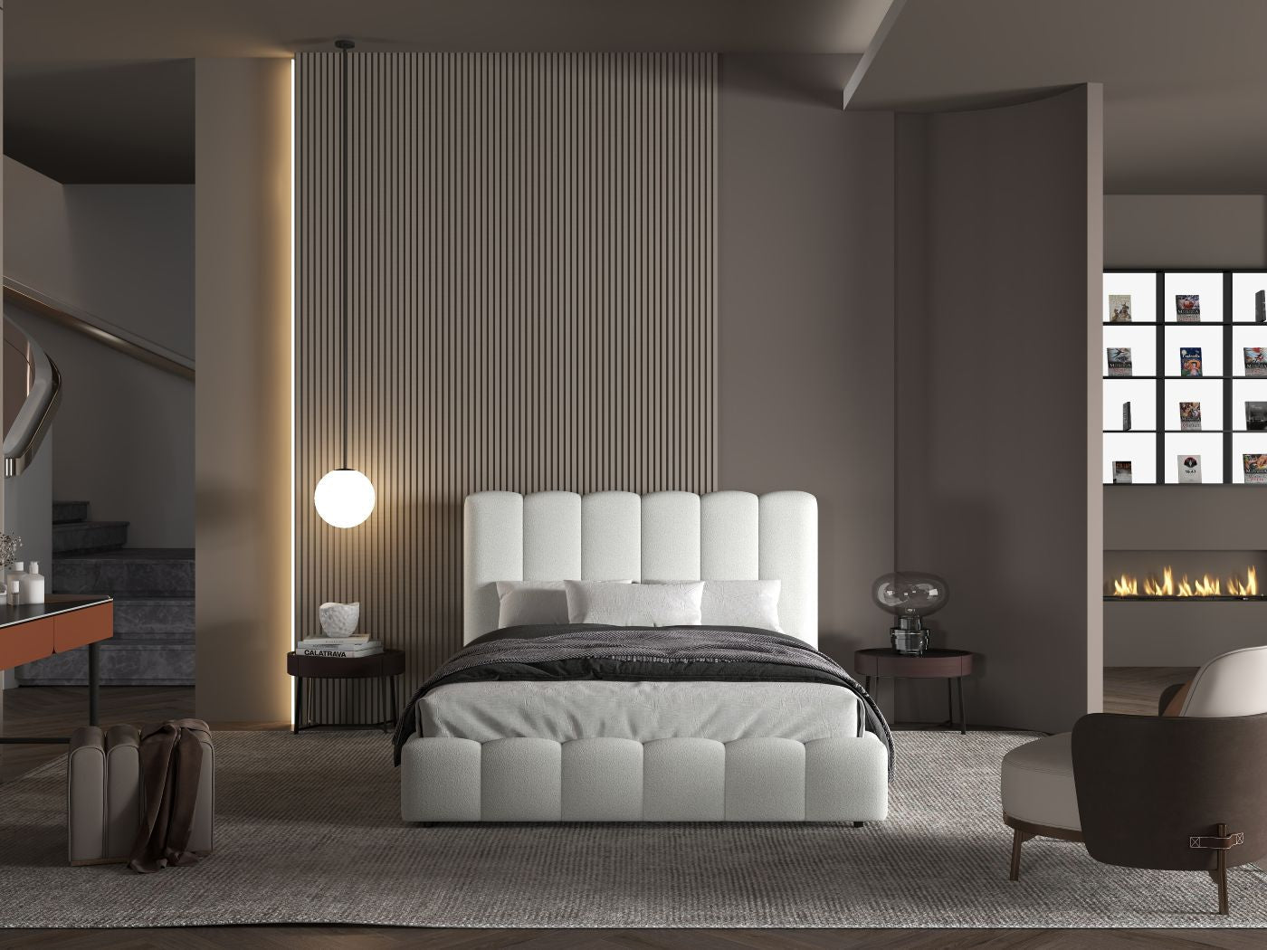 Pat dormitor dumonde, tapitat alb, Milano 160x200 cm, somiera rabatabila inclusa, spatiu depozitare WLS