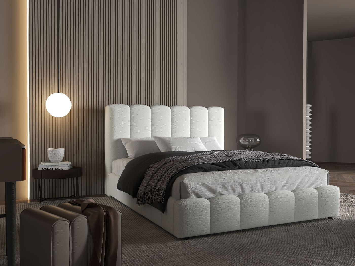 Pat dormitor dumonde, tapitat alb, Milano 160x200 cm, somiera rabatabila inclusa, spatiu depozitare WLS