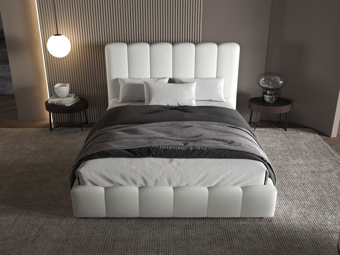 Pat dormitor dumonde, tapitat alb, Milano 160x200 cm, somiera rabatabila inclusa, spatiu depozitare WLS