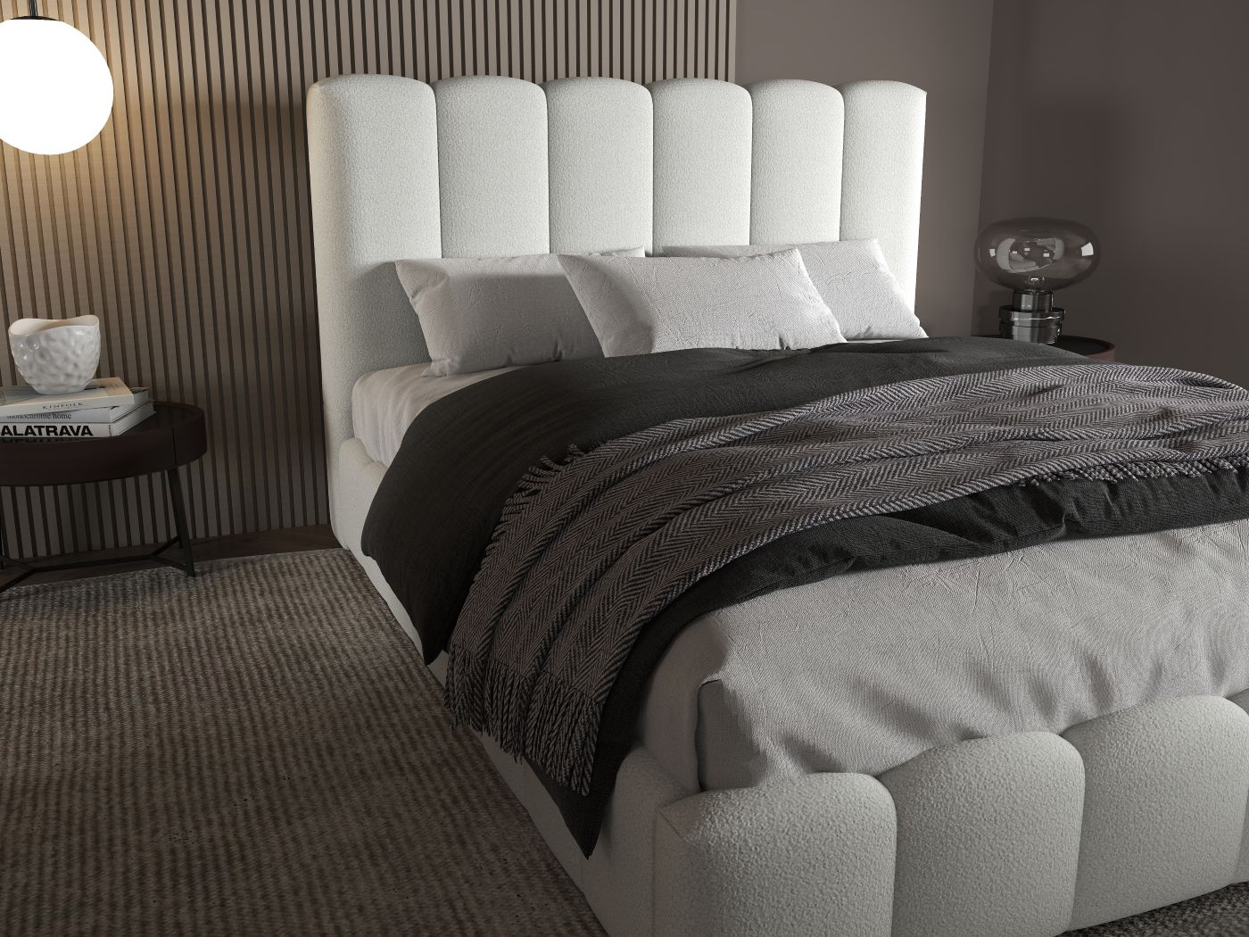 Pat dormitor dumonde, tapitat alb, Milano 160x200 cm, somiera rabatabila inclusa, spatiu depozitare WLS