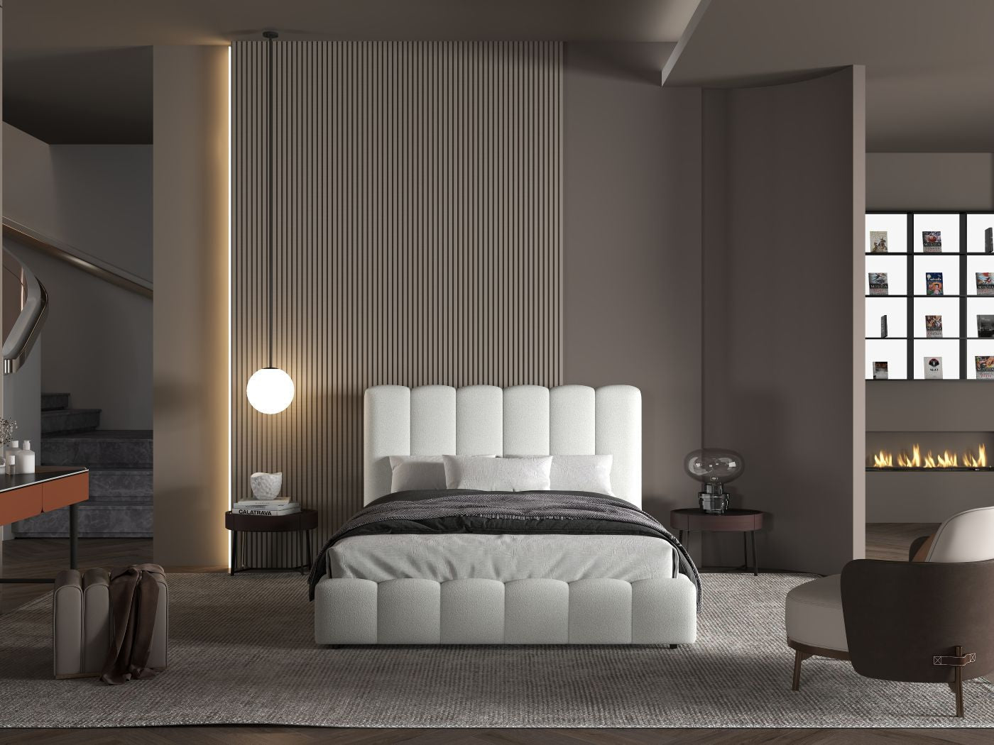 Pat dormitor dumonde, tapitat alb, Milano 160x200 cm, somiera rabatabila inclusa, spatiu depozitare WLS