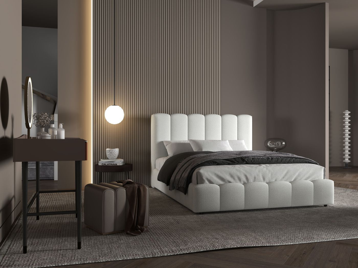 Pat dormitor dumonde, tapitat alb, Milano 160x200 cm, somiera rabatabila inclusa, spatiu depozitare WLS