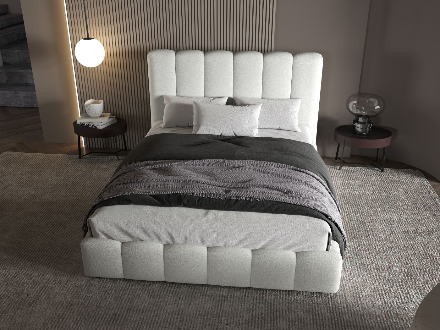 Pat dormitor dumonde, tapitat alb, Milano 160x200 cm, somiera rabatabila inclusa, spatiu depozitare WLS