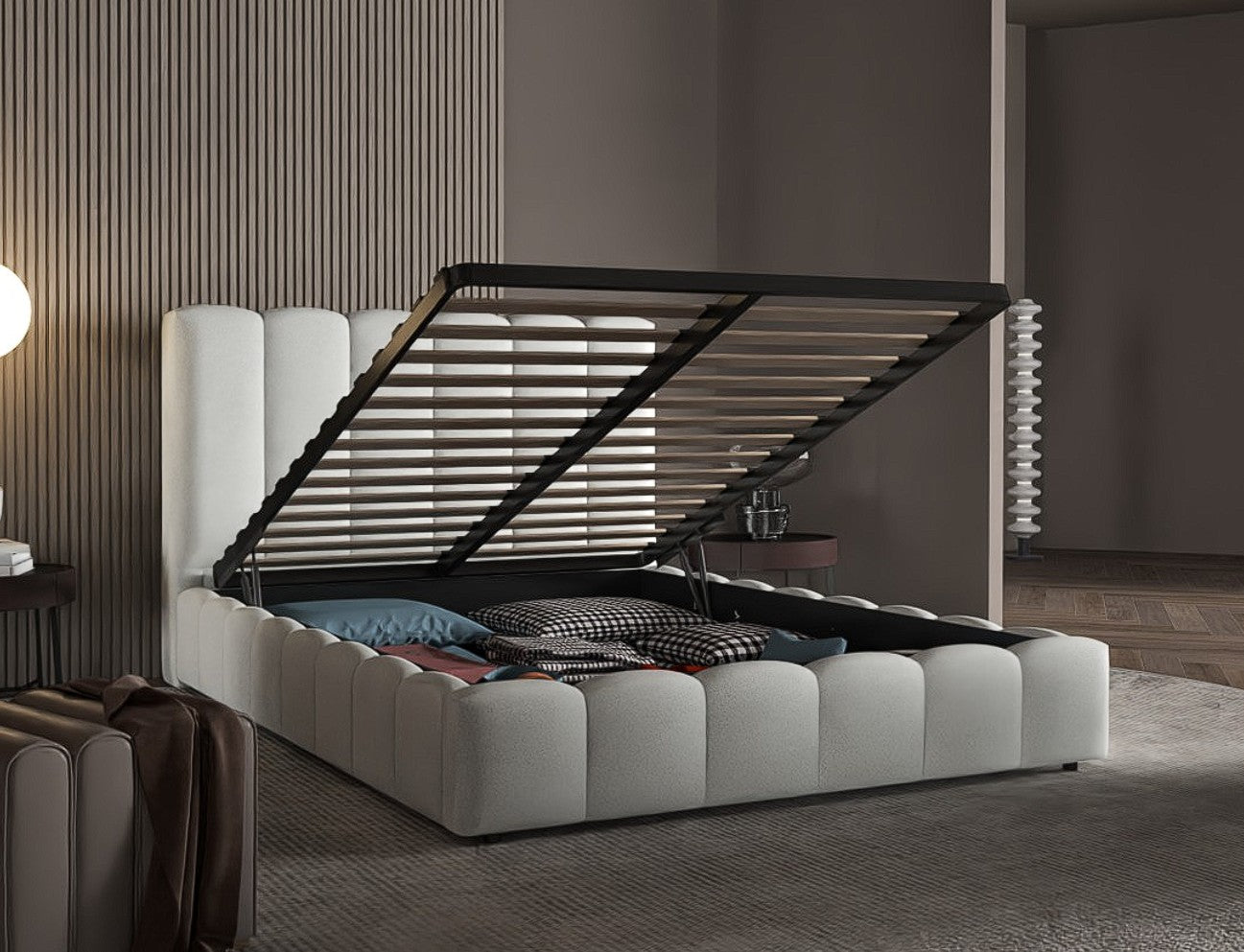 Pat dormitor dumonde, tapitat alb, Milano 160x200 cm, somiera rabatabila inclusa, spatiu depozitare WLS