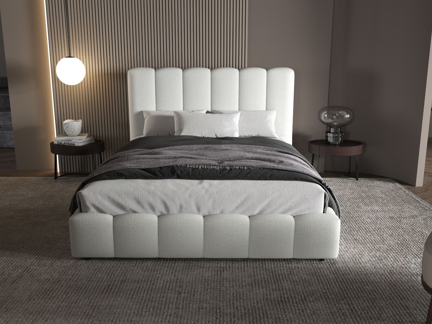 Pat dormitor dumonde, tapitat alb, Milano 160x200 cm, somiera rabatabila inclusa, spatiu depozitare WLS