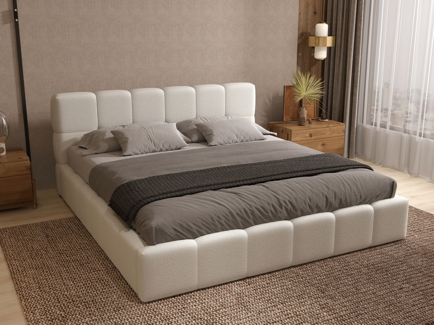 Pat dormitor dumonde, tapitat alb, Barcelona 160x200 cm, somiera rabatabila inclusa, spatiu depozitare WLS