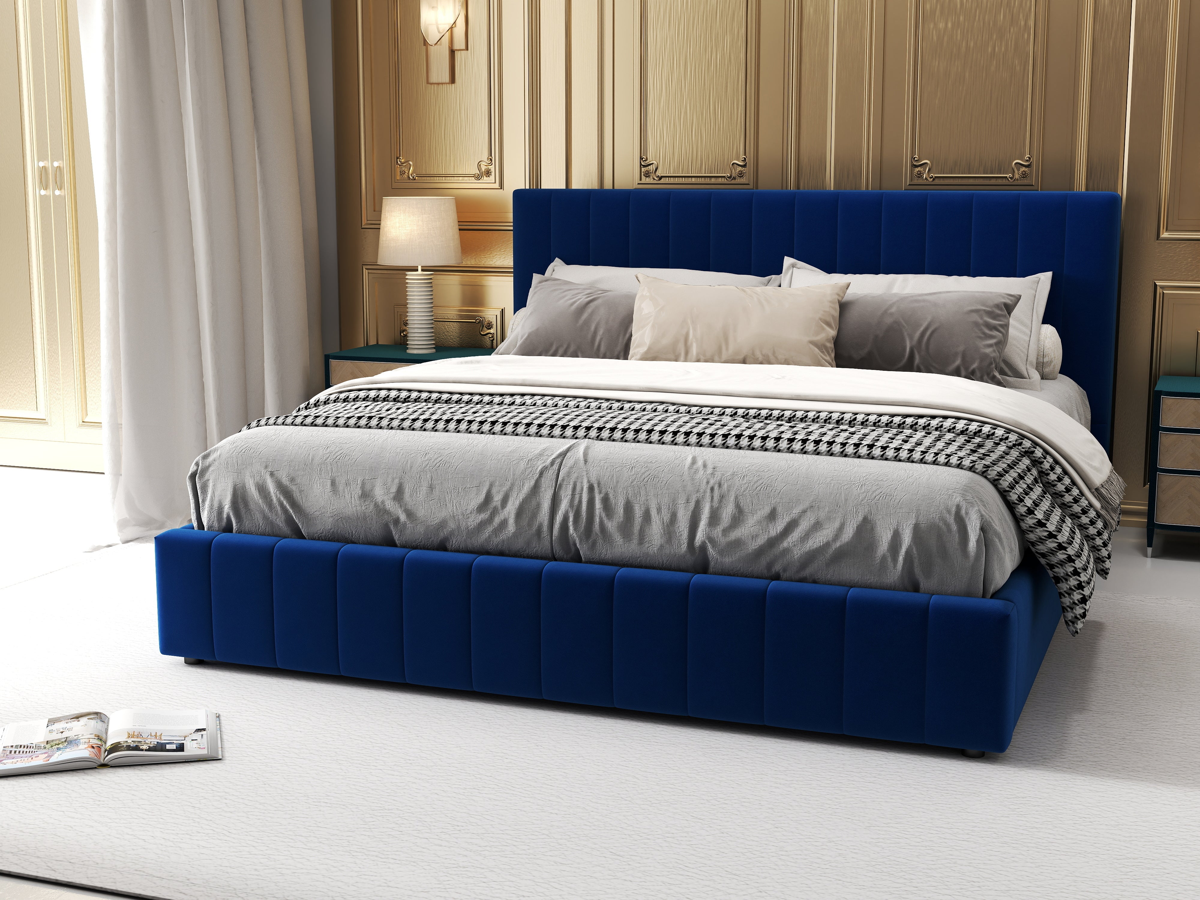 Pat dormitor dumonde, tapitat albastru, Gloria 160x200 cm, somiera rabatabila inclusa, spatiu depozitare WLS