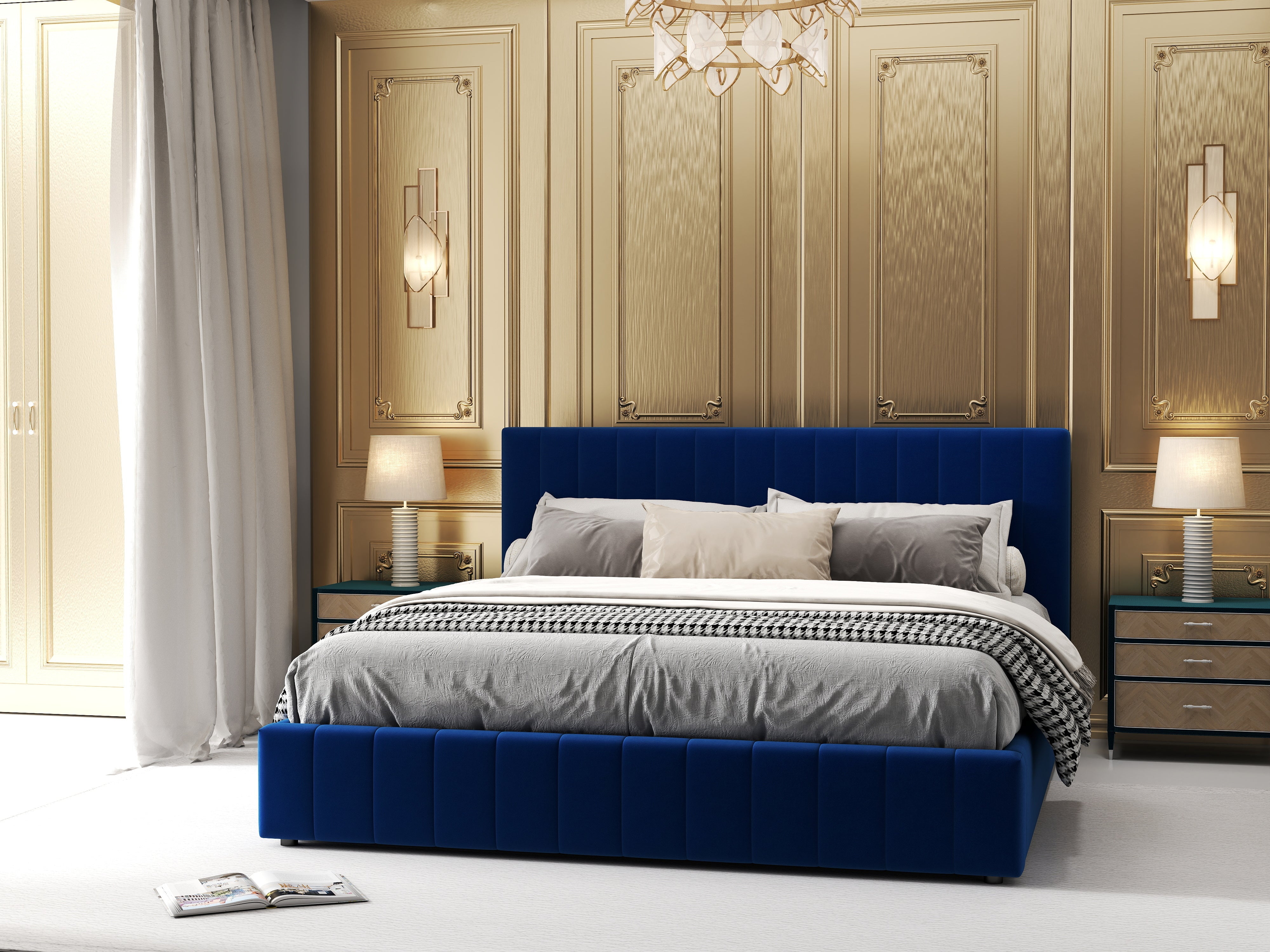 Pat dormitor dumonde, tapitat albastru, Gloria 160x200 cm, somiera rabatabila inclusa, spatiu depozitare WLS