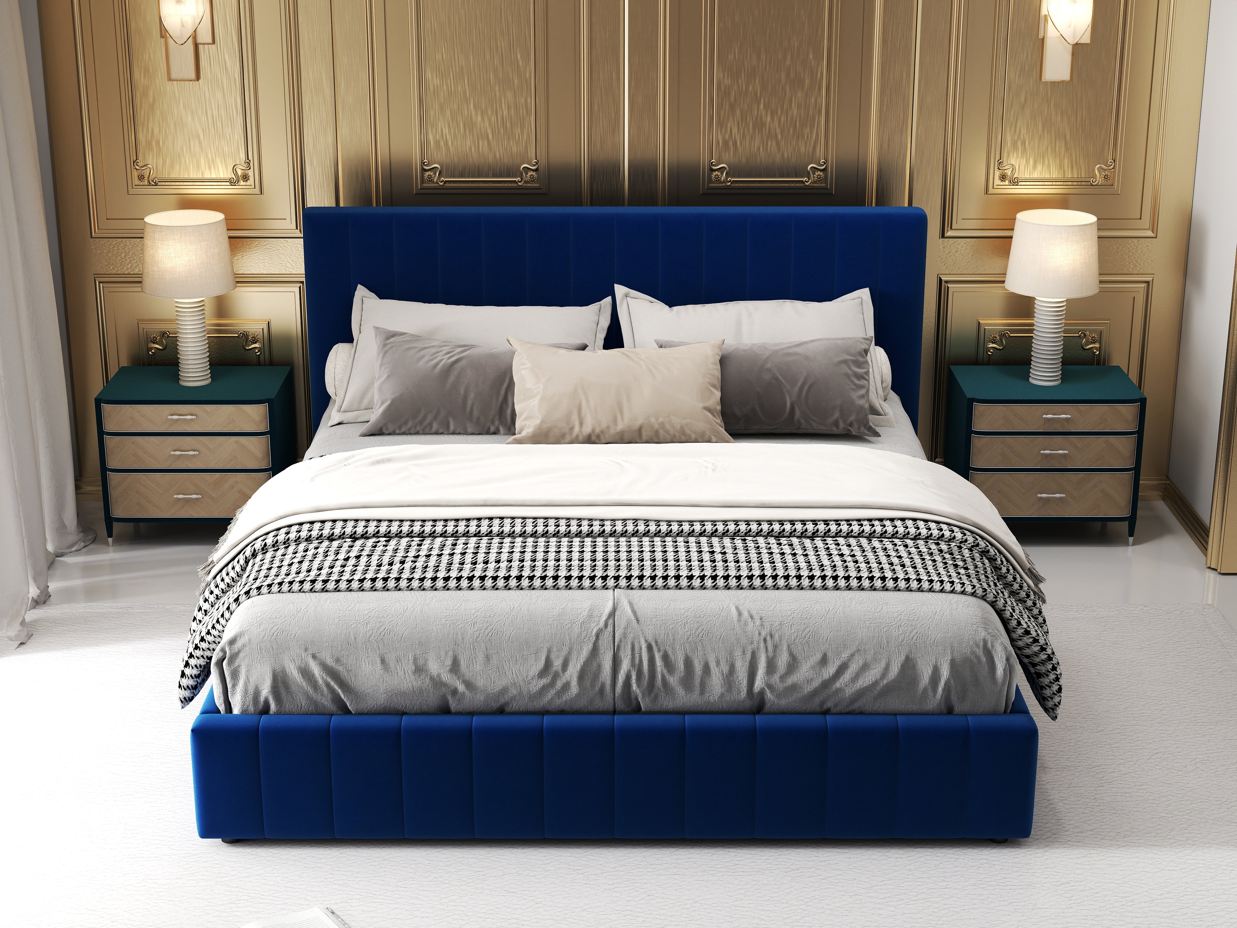 Pat dormitor dumonde, tapitat albastru, Gloria 160x200 cm, somiera rabatabila inclusa, spatiu depozitare WLS